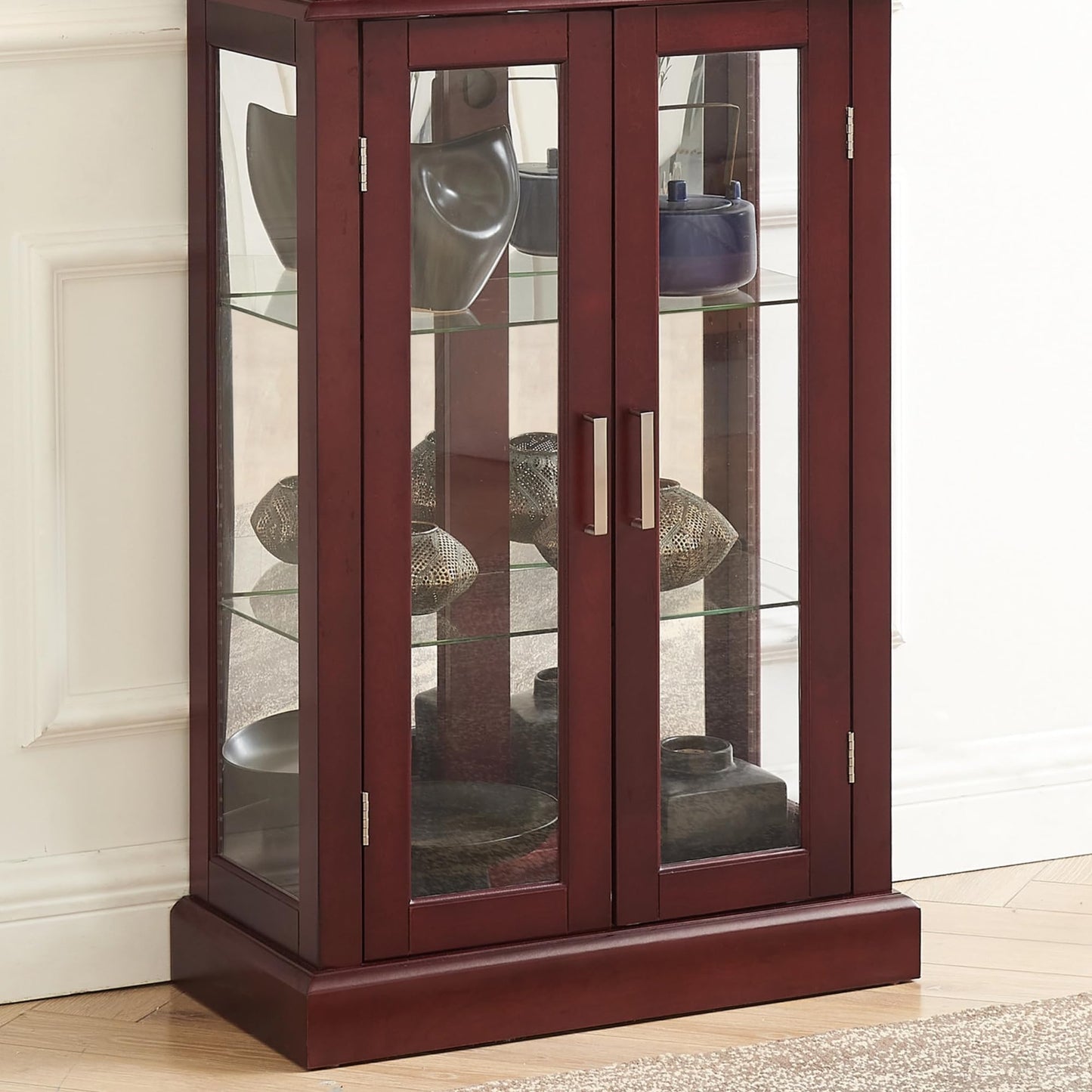 LKTART Curio Glass Display Cabinet with Lighted and Mirrored Back Panel,China Cabinets with Glass Doors,Tall Storage Cabinets with Adjustable Shelves for Curio Collectibles Storage(Cherry)