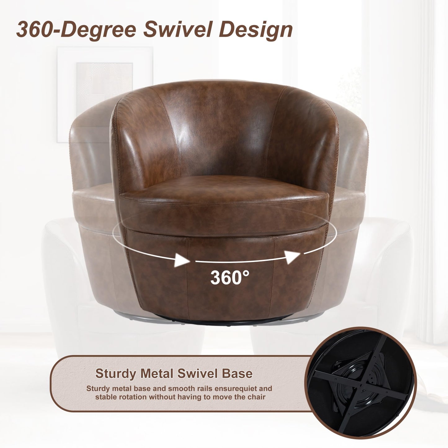 360° Swivel Barrel Accent Chair, Faux Leather Round Swivel Chair for Living Room, Comfy Upholstered Armchair Single Sofa Club Chair for Bedroom Reading Room, No Assembly Required - Light Brown