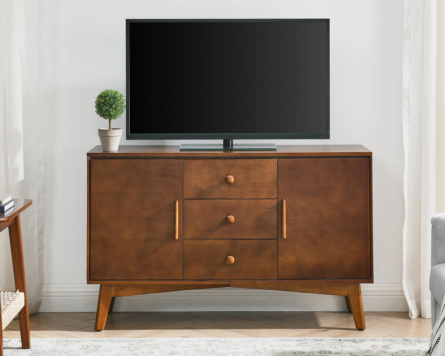 LKTART 60" Mid Century Modern Sideboard Buffet with Hollow Carved Doors and Outlet Holes,Vintage Accent Cabinet Credenzas Storage Cabinet Walnut