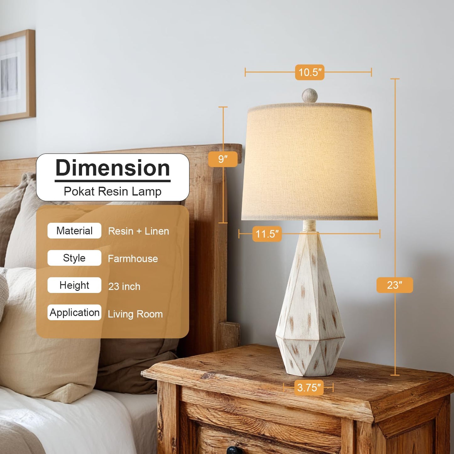 PoKat 20.25" Retro Farmhouse Table Lamp Set of 2 - Living Room & Bedroom Rustic Linen Bedside Nightstand Lamps for Kids, Study, Office - Resin, Suitable for Small Places