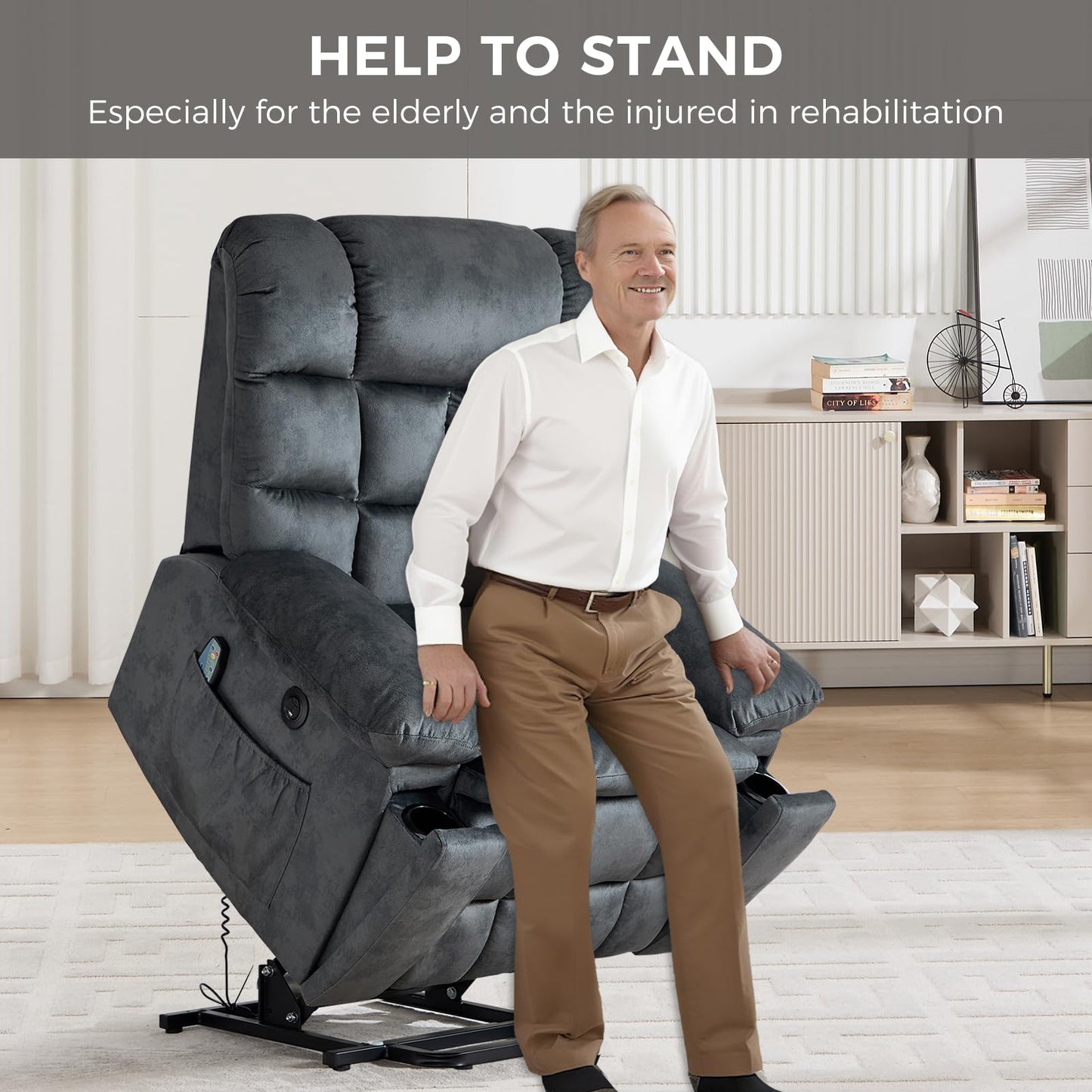 IOMOR Large Power Lift Recliner with Massage and Heat for Elderly, Heavy Duty & Safety Motion Reclining Mechanism, Ergonomic Electric Wider Chair with USB Port, 2 Hidden Cup Holders (1, Brown)