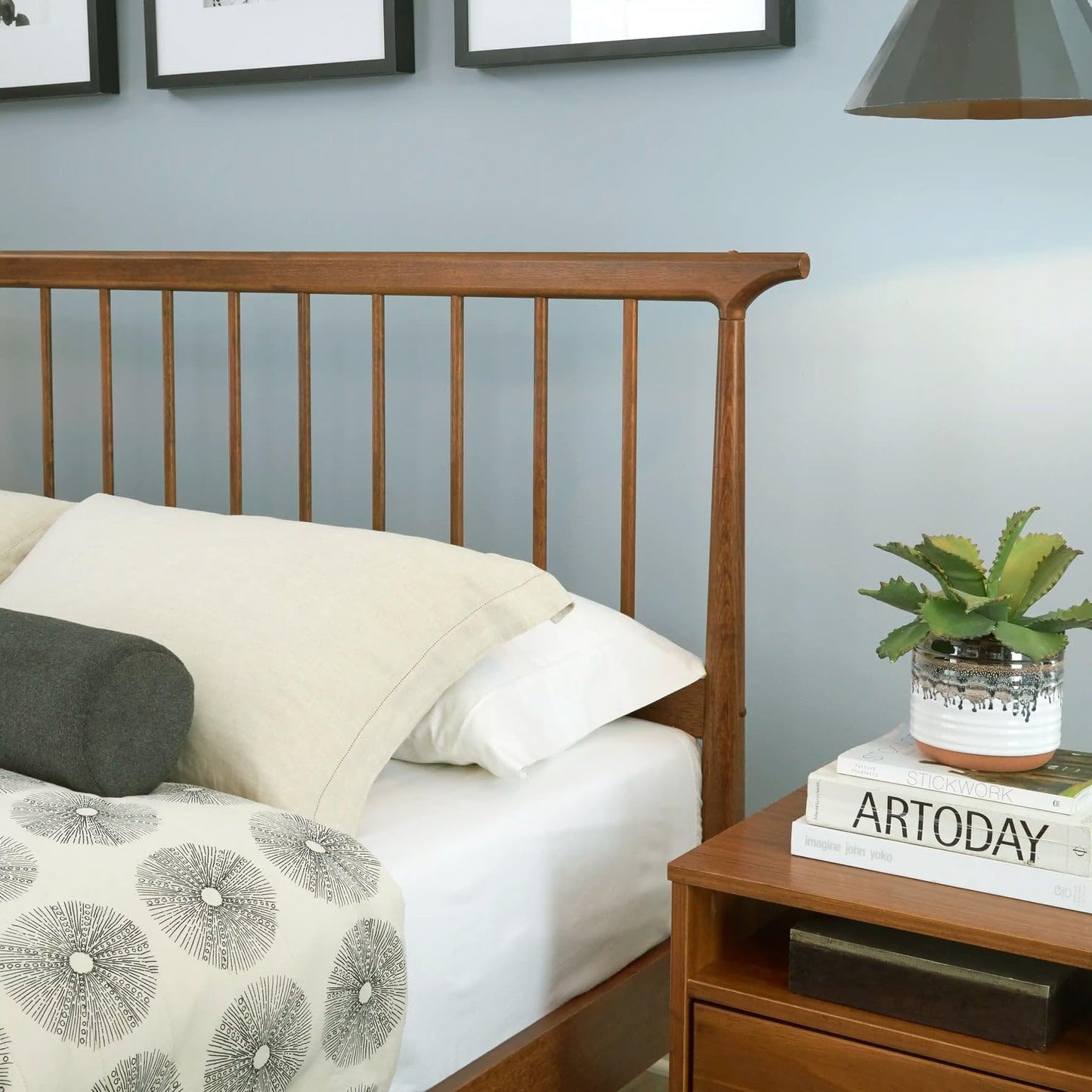 Grain Wood Furniture Mid Century Solid Wood Queen Size Spindle Bed with a Brushed Walnut Finish