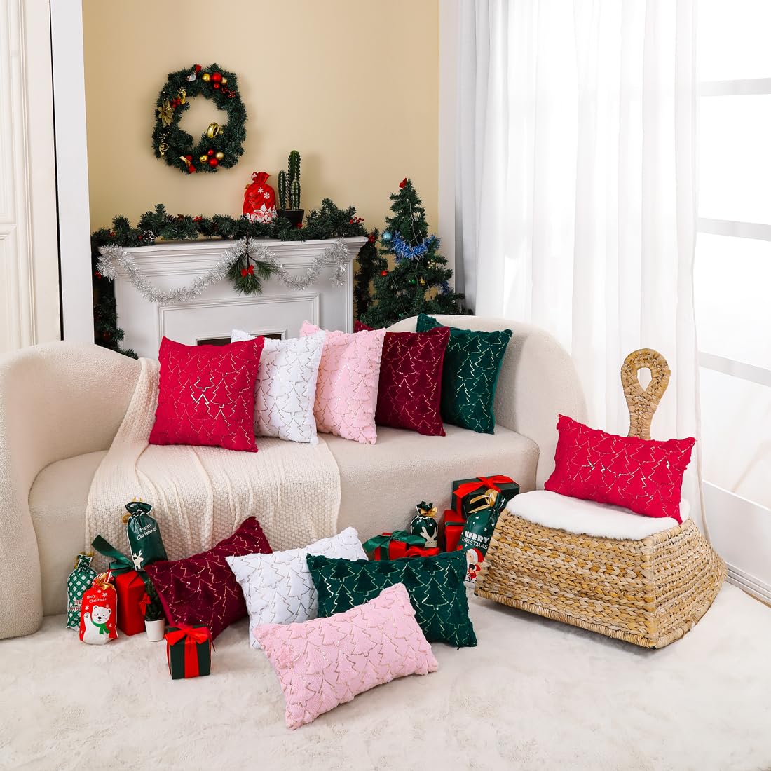 VAKADO Christmas Throw Pillow Covers 18x18 Set of 2 Embroidered Decorative Xmas Couch Cushion Cases Holiday Soft Home Decor for Bedroom Sofa Chair Porch Winter, Cream