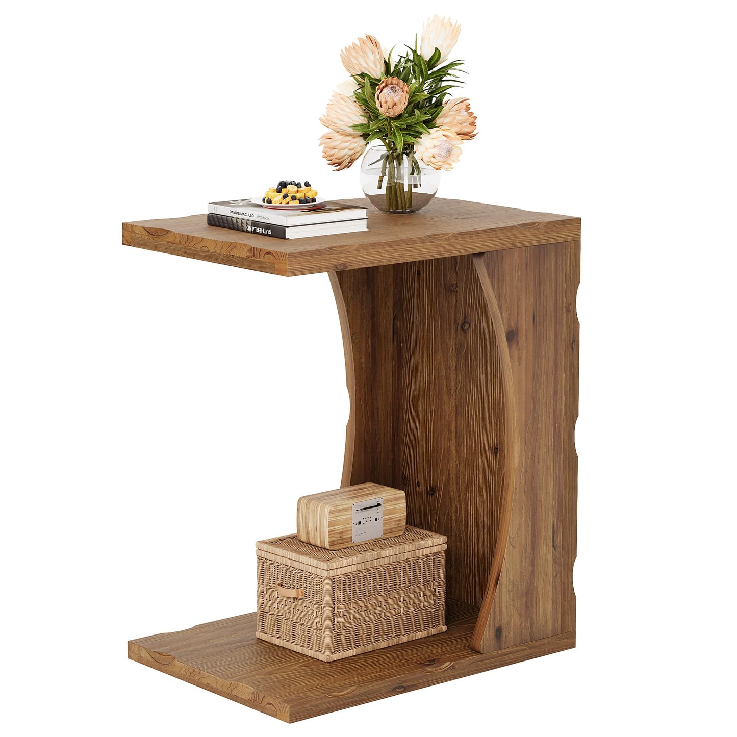 C-Shaped End Table for Living Room, Solid Wood Narrow Skinny Side Table for Couch, Farmhouse Bedside Nightstand with Storage Shelf for Bedroom, Small Place, Easy Assembly, Rustic Brown,1PCS