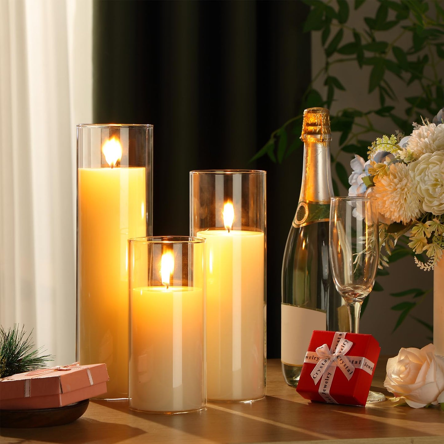 Shihanee Set of 3 Pillar Candles and 3 Glass Cylinder Candle Vases Holders Clear Pillar Jars for Wedding Centerpieces(3'' x 5.9'', 7.9'', 9.8'',Ivory White)