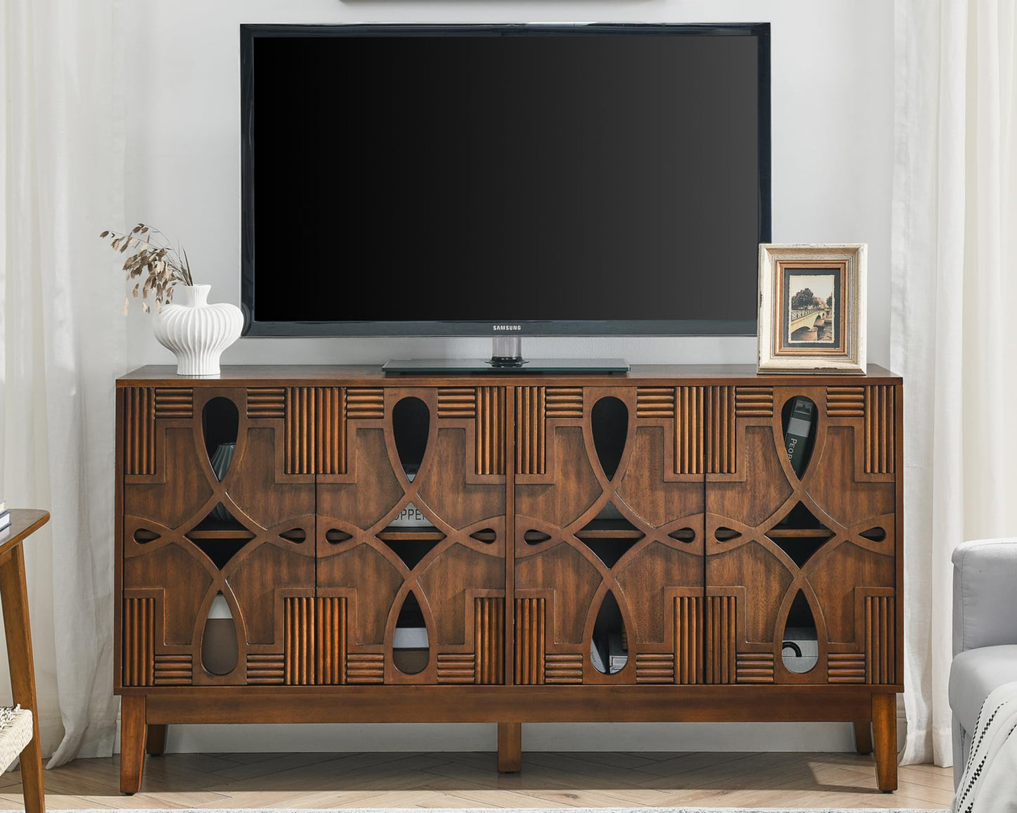 LKTART 60" Mid Century Modern Sideboard Buffet with Hollow Carved Doors and Outlet Holes,Vintage Accent Cabinet Credenzas Storage Cabinet Walnut