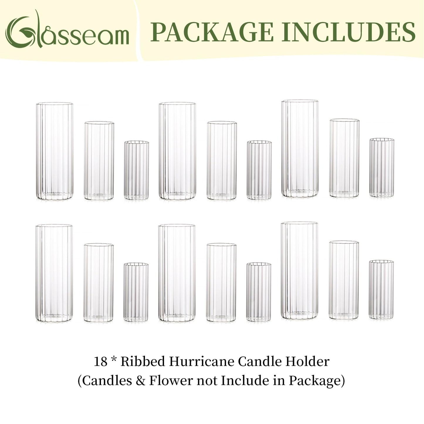 Glasseam Ribbed Glass Candle Holder, Cylinder Candle Holders for Pillar Candles, Clear Hurricane Candle Holder Set of 6, Decorative Floating Candle Vases for Centerpieces Wedding Table Decorations