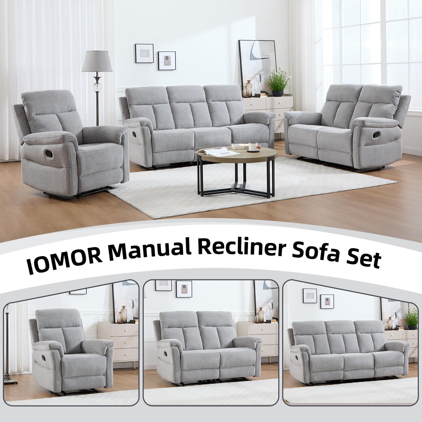 IOMOR Manual Reclining Loveseat, Soft Fabric Loveseat Recliner Couch for Adults with Overstuffed Arms and Back, Double Sofa Recliner for Living Room (Light Gray)