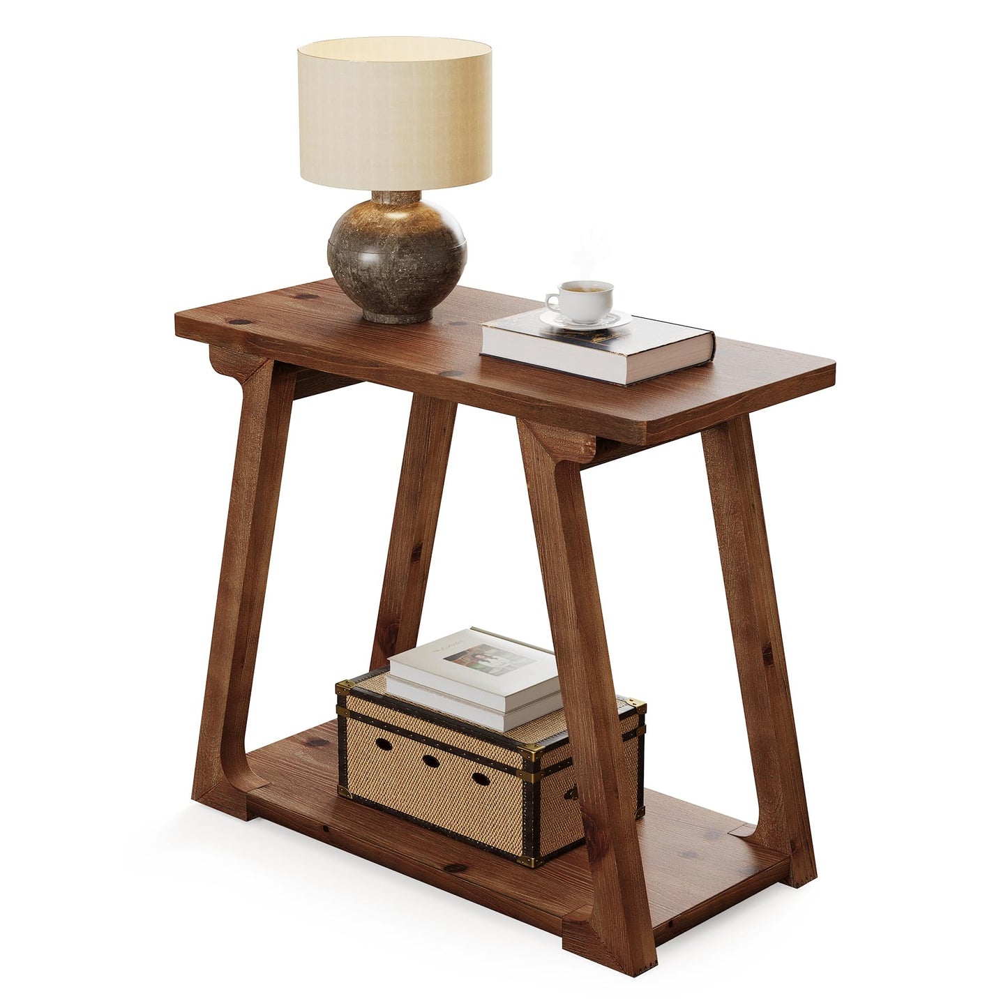 2-Tier Solid Wood End Table, Narrow Side Table, Rectangle Farmhouse Nightstand for Living Room, Bedroom, Easy Assembly, Trapezoidal Base (1, Natural Brown)