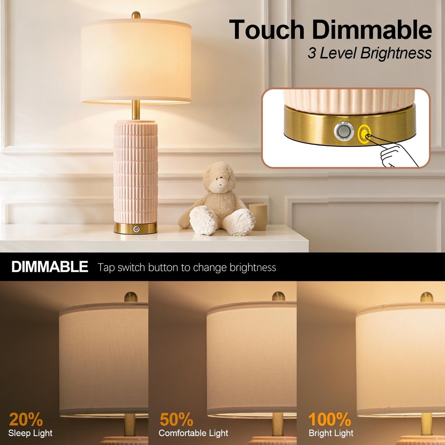 PoKat Touch Bedside Table Lamps with USB Ports for Bedroom Living Room, 25'' Dimmable Nightstand Touch Lamps for Living Room, Modern Ceramic Lamps for Night Stands Bedroom, Office, White and Beige