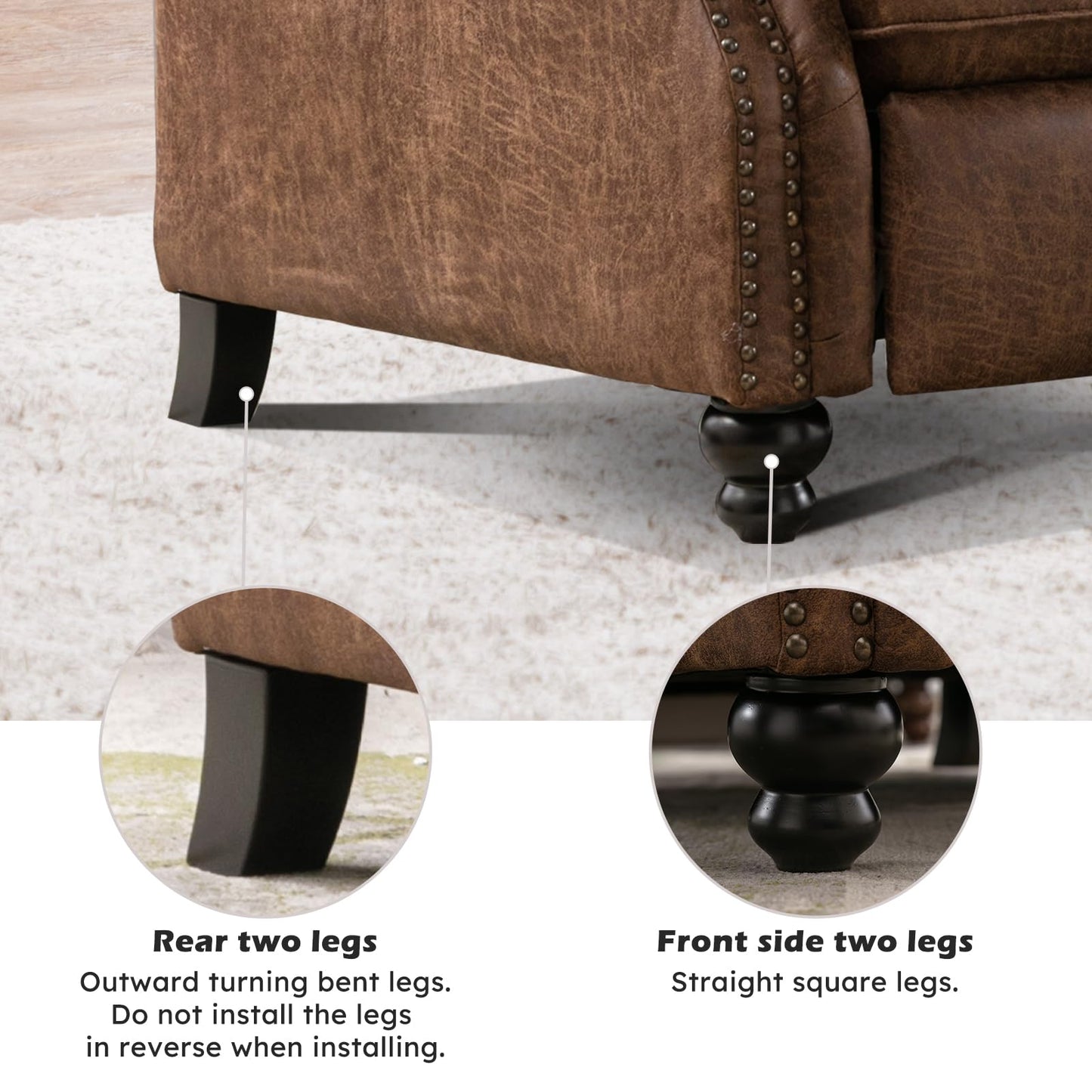 IOMOR Push Back Recliner Chair Faux Leather Lounge Armchair with Rivet Decoration Wingback Single Sofa Chair with Padded Seat Solid Wood Legs for Living Room, Comfy Upholstered, Red Brown