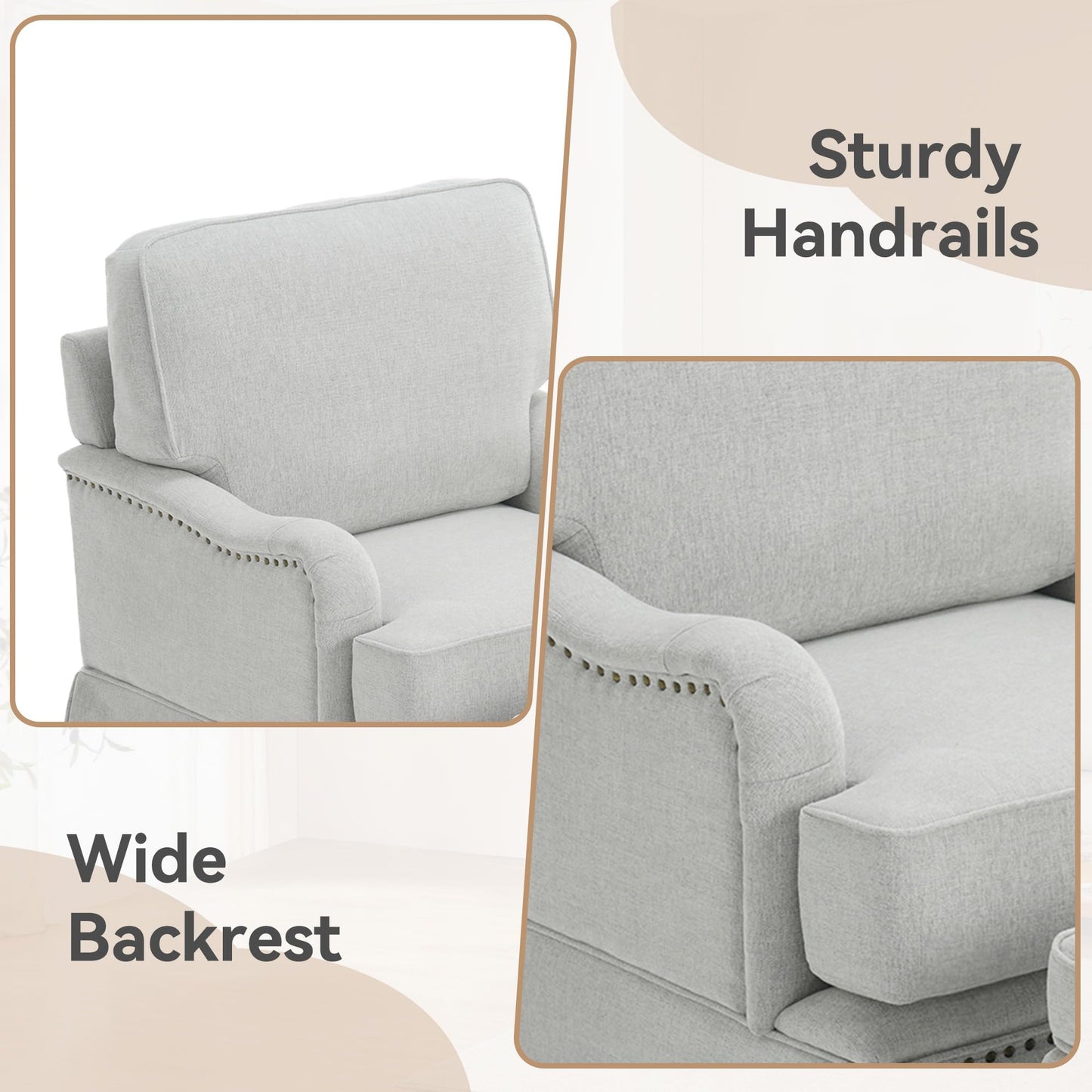 Swivel Accent Chair, 360° Swivel Upholstered Armchairs with Curved Arms, Comfy Chenille Fabric Lounge Reading Chairs for Living Room Bedroom Study, Metal Swivel Base, Tan