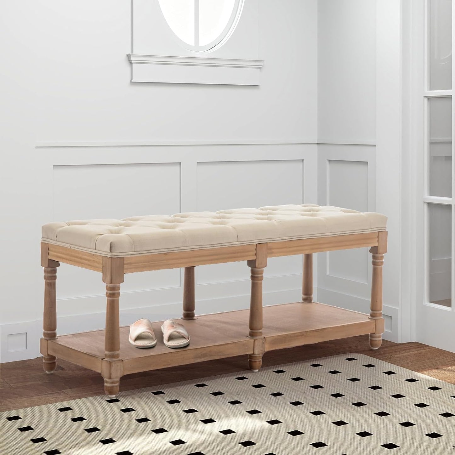 IOMOR Tufted Long Entryway Bench with Storage Shelf, 45” French Mid Century Modern Upholstered Dining Benches, Fabric End of Bed Bench for Bedroom, Dining Room, Living Room
