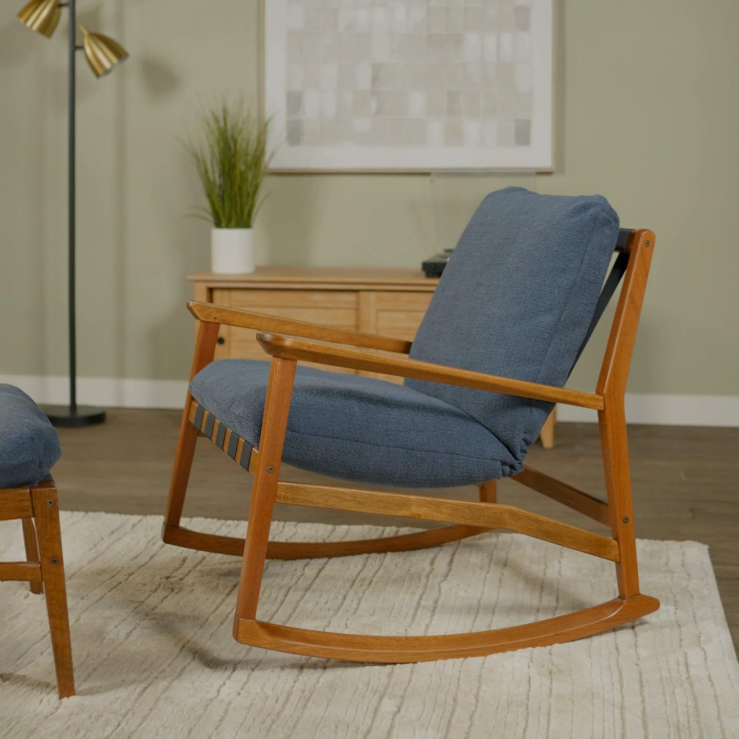 Grain Wood Furniture Solid Wood Mid Century Rocking Chair with Off-White Performance Boucle Cushions