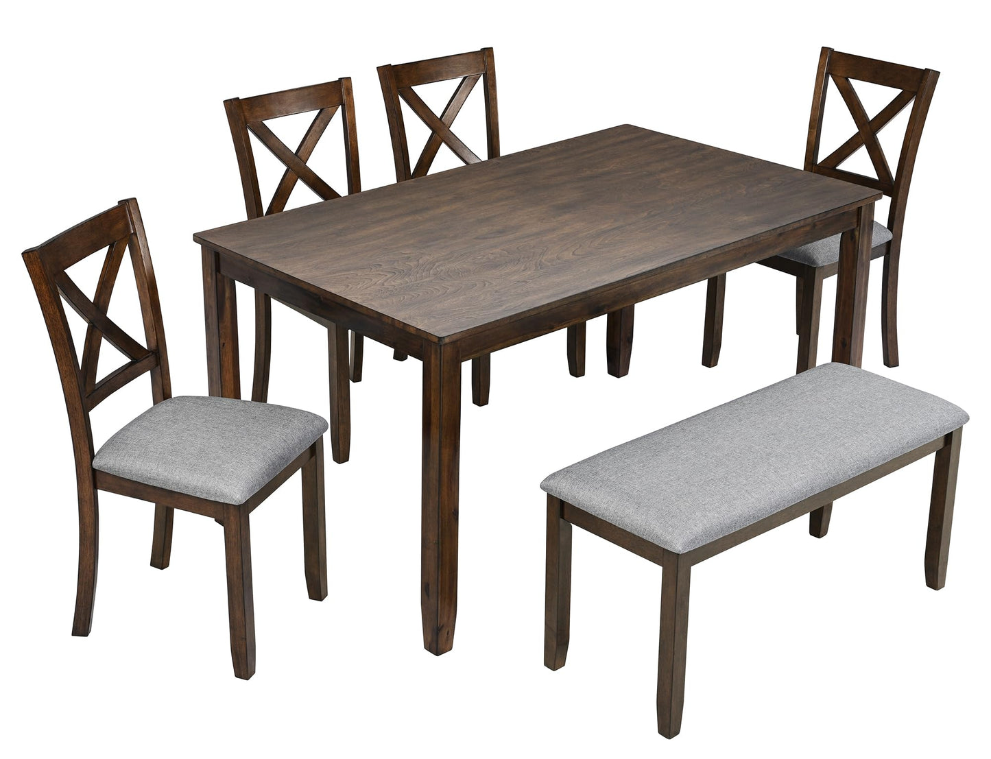 LKTART 6 Piece Kitchen Dining Set, 58.5" Rectangular Wooden Dinner Table with 4 Upholstered Chairs and a Bench for Living Room, Home Bar and Kitchen, Walnut