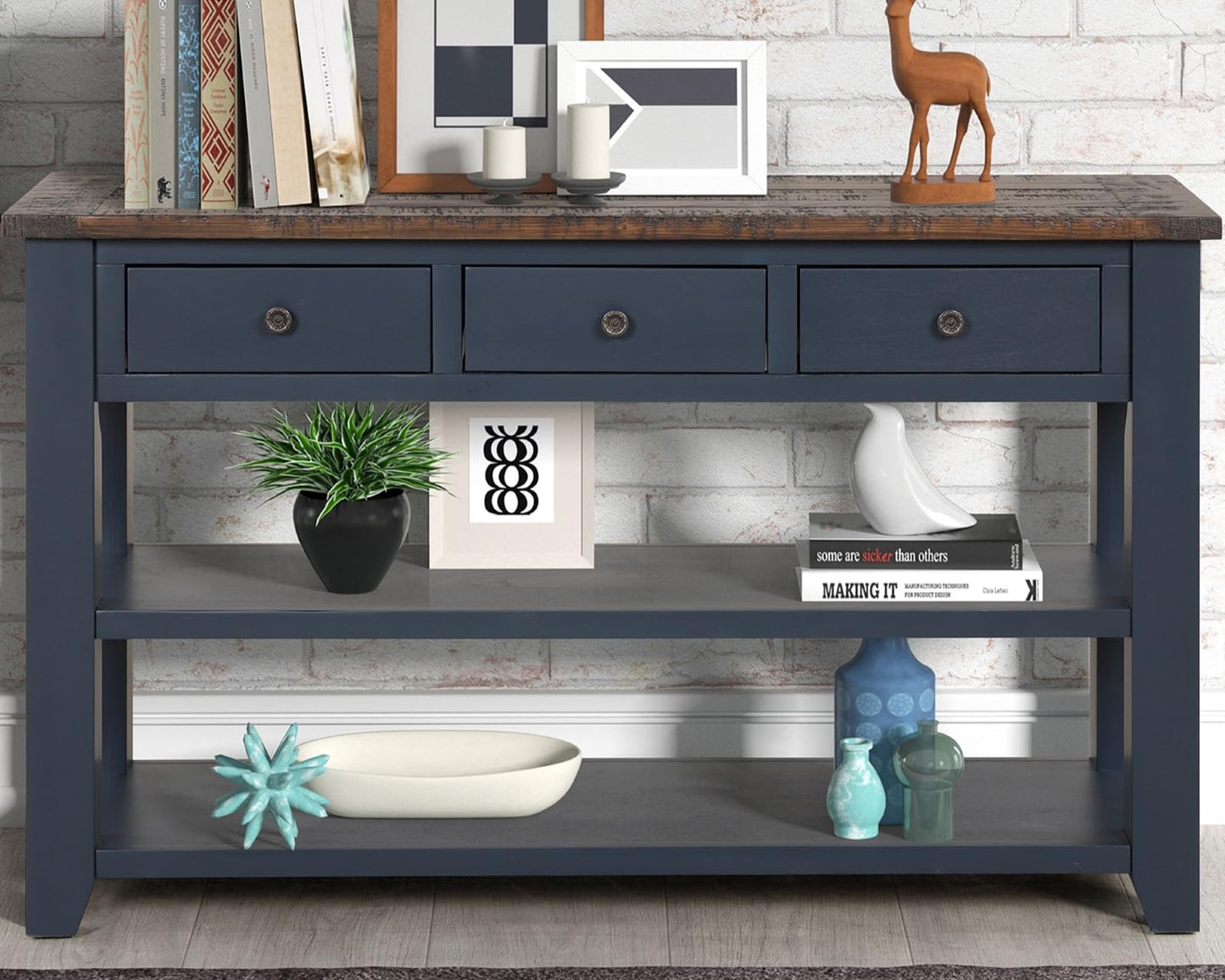 LKTART Solid Wood Console Table, Sofa Table with Storage Drawers and Bottom Shelf, Entryway Table for Entry Hallway Foyer,Easy Assembled (48.8" Green)