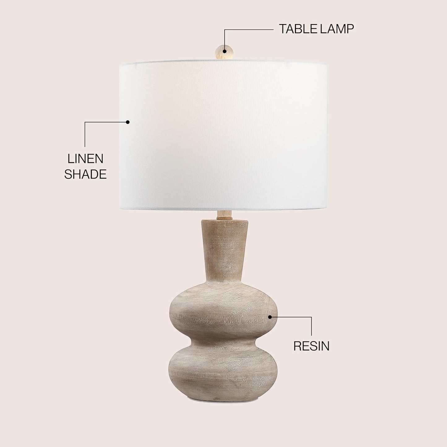 JONATHAN Y 24" Antique Brown Modern Minimalist Sculptural Oak-Grain Resin LED Table Lamp for Living Room Bedroom, White Linen Drum Shade, LED Bulb Included JYL5708A