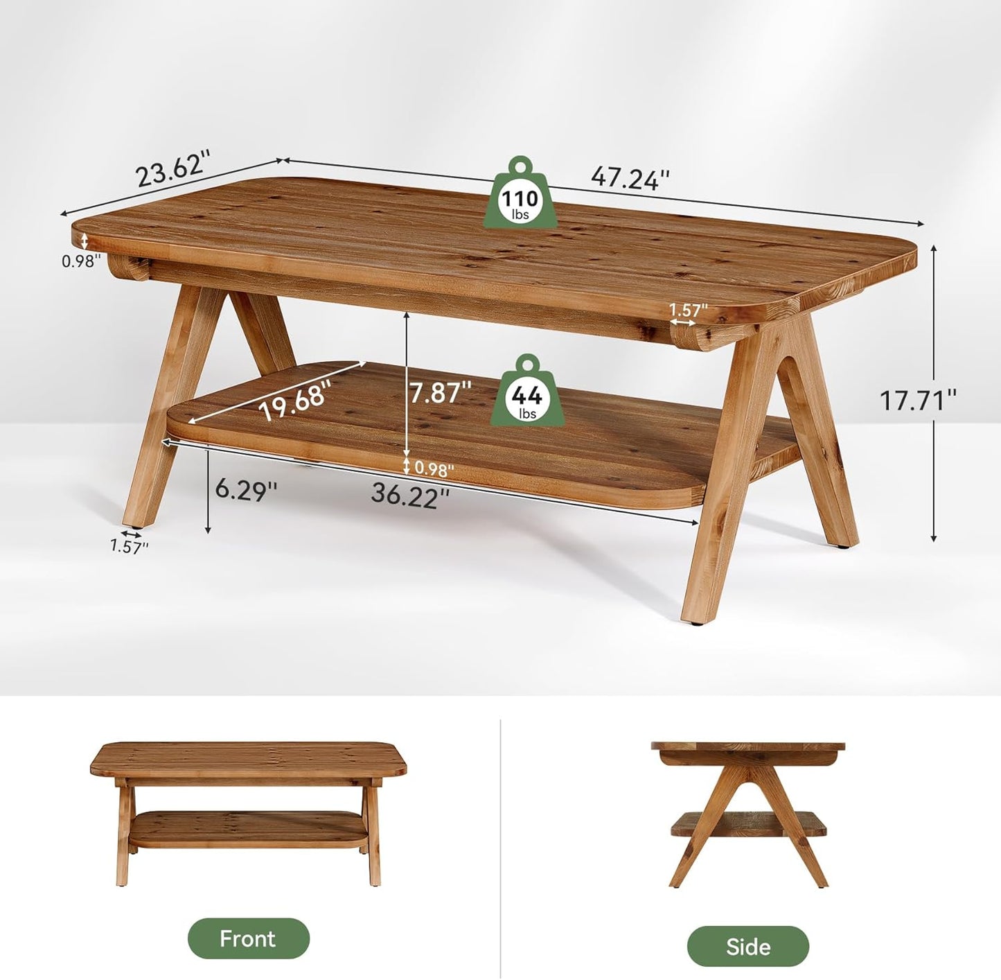 Solid Wood 2-Tier Coffee Table with Storage Shelf, 47" Brown Farmhouse Center Table for Living Room