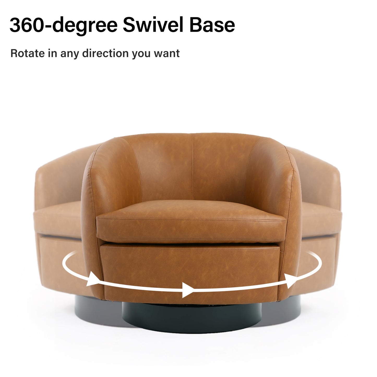 Faux Leather Swivel Barrel Chair, Modern Round Swivel Accent Chair with 360° Rotation, Upholstered Armchair Club Chair for Living Room Bedroom Office (Light Brown)