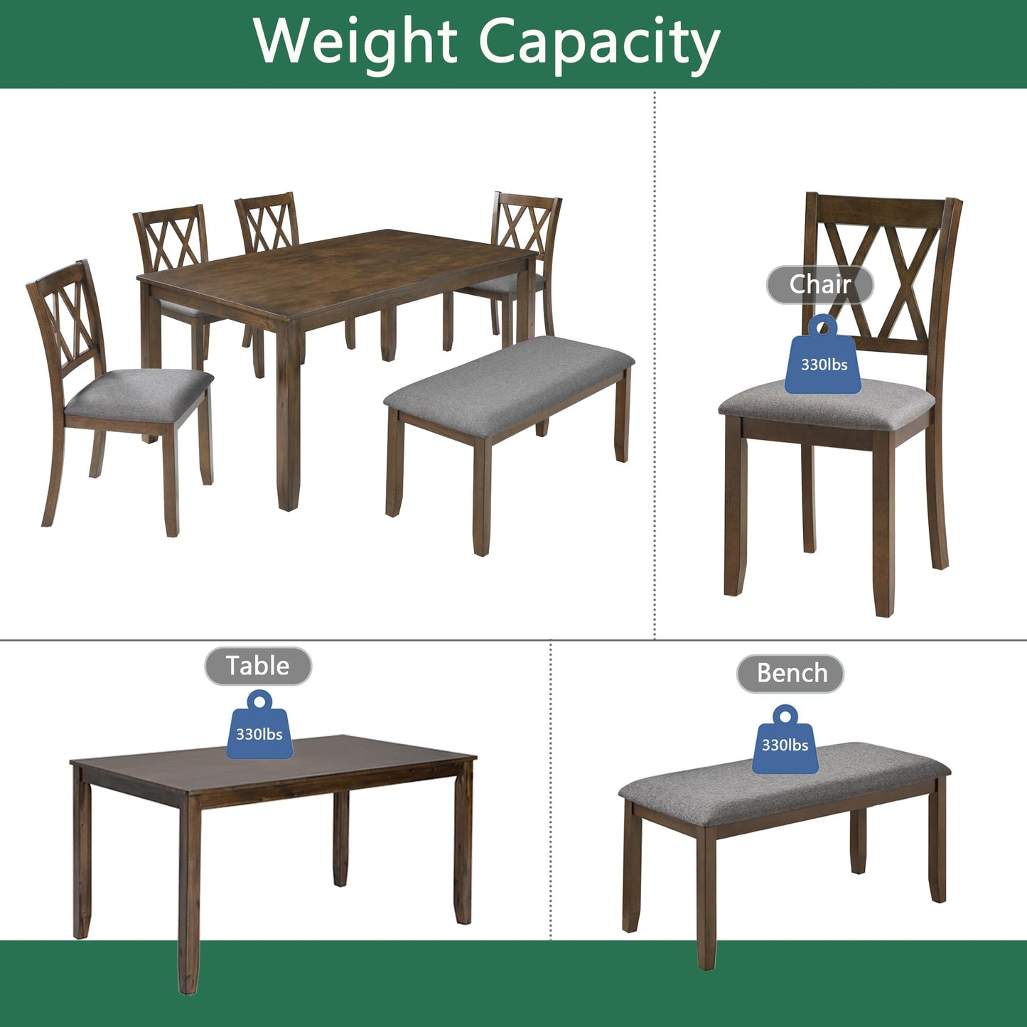 LKTART 6 Piece Kitchen Dining Set, 58.5" Rectangular Wooden Dinner Table with 4 Upholstered Chairs and a Bench for Living Room, Home Bar and Kitchen, Walnut
