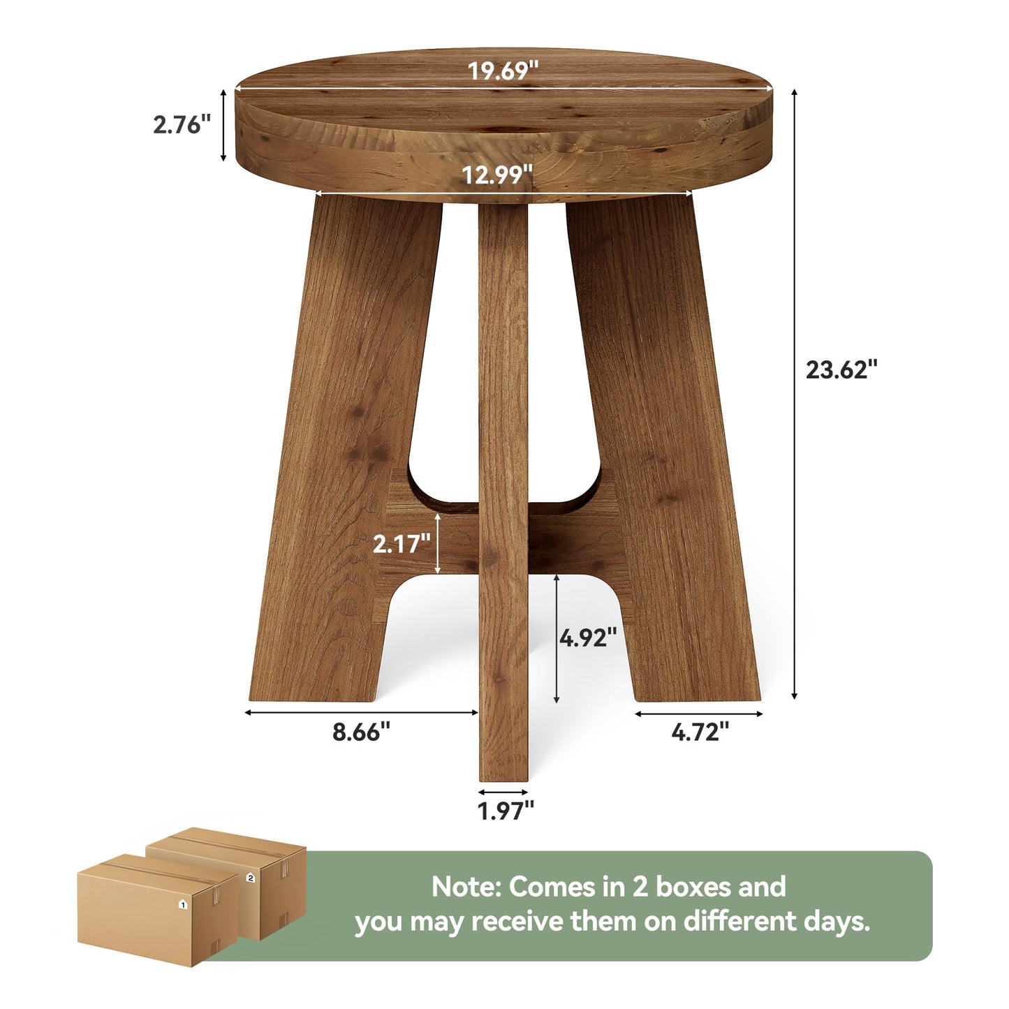 Set of 2 Round End Table, Farmhouse Solid Wood Side Table for Couch, Mid Century Modern Side Table with Heavy-Duty Leg, Wood Bedside Table for Bedroom, Small Spaces, Walnut