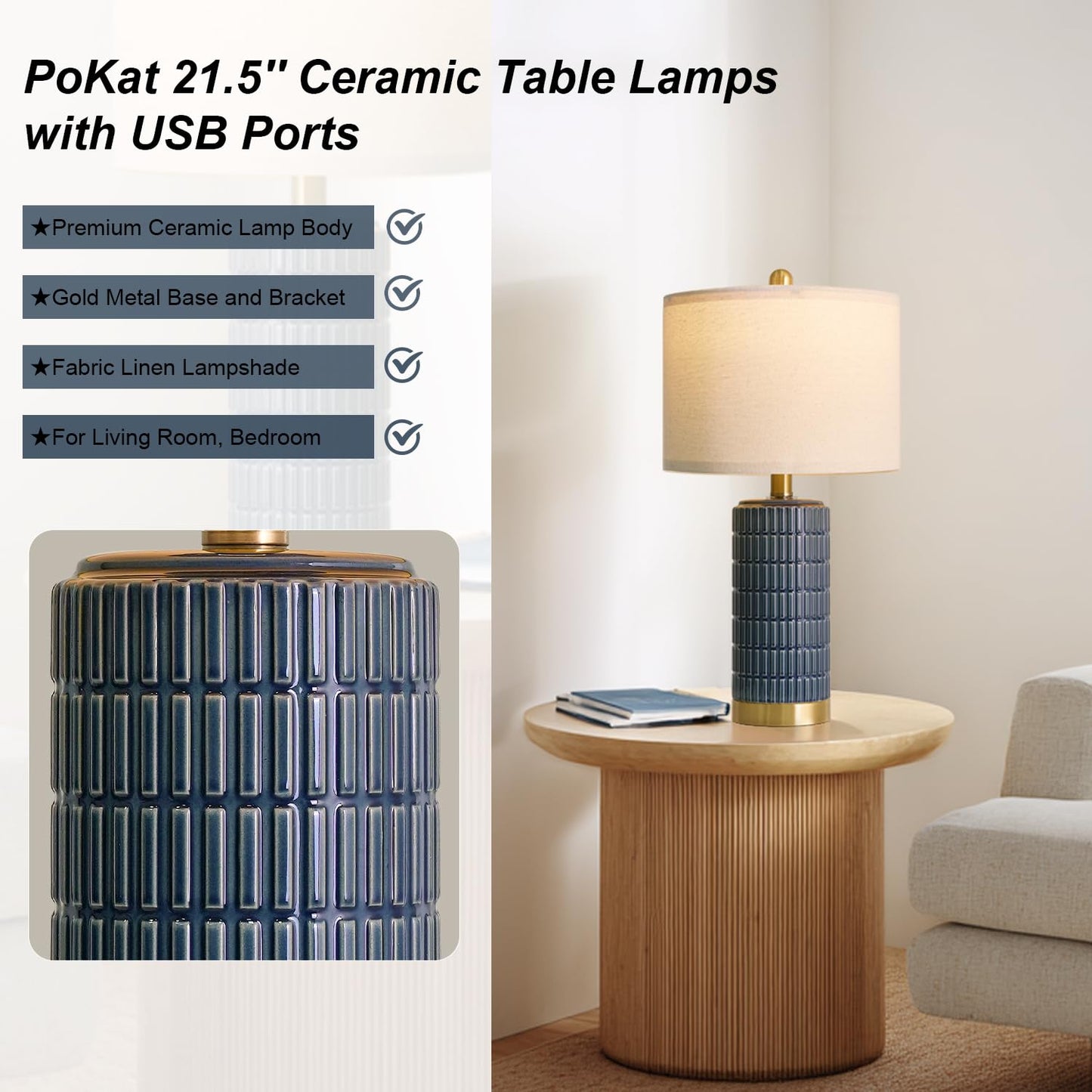 PoKat 20.75" Small Modern Ceramic Table Lamps Set of 2 for Bedroom, White Bedside Lamps for Night Stands, Farmhouse Desk Decor Gift Nightstand Table Lamps for Living Room End Table Beige