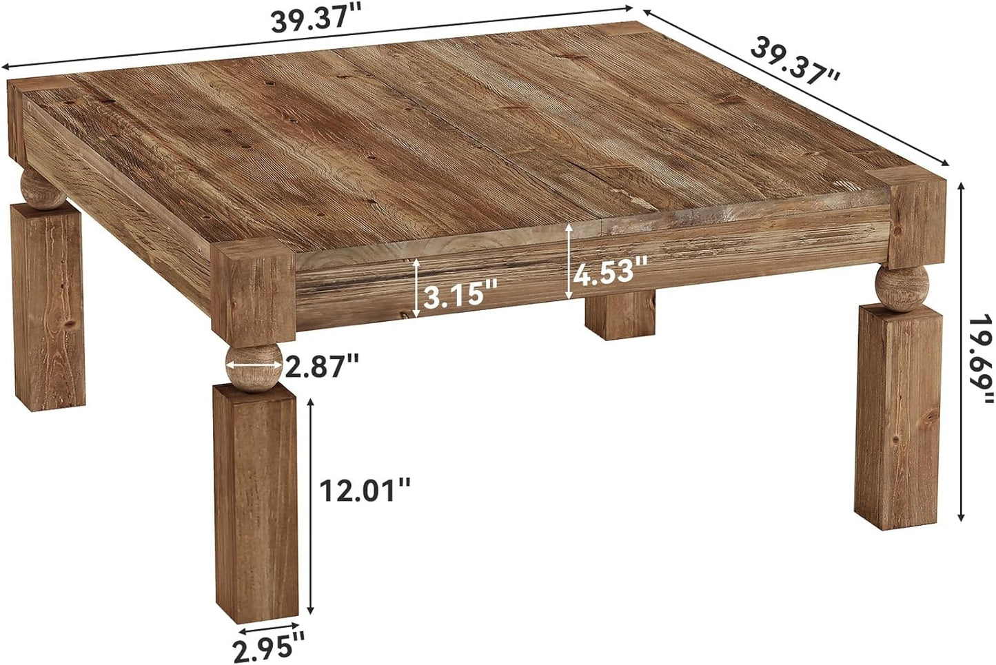 Square Wood Coffee Table, 39-Inch Farmhouse Coffee Table with Sturdy Legs, Rustic Accent Center Table for Living Room, Easy Assembly, Brown