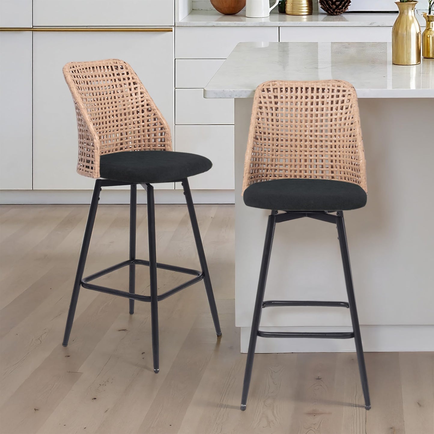 28.7" Swivel Bar Stools Set of 2, Mid Century Modern Counter Height Barstools with Rattan Backrest, Upholstered Chenille Armless Bar Chair Island Stools for Kitchen Island, Bar, Beige