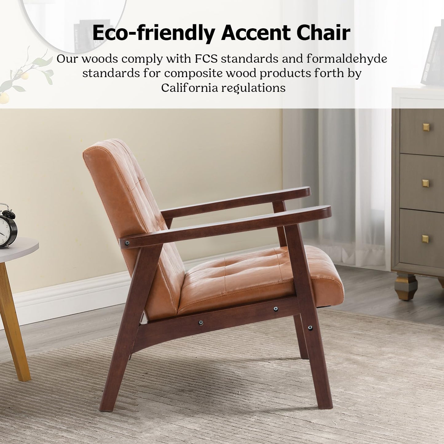 IOMOR Accent Chair Mid Century Modern Chair for Living Room, Comfy Faux Leather Armchair with Solid Wood Frame Soft Thick Padded, Side Chairs Easy Assembly (1, Brown)