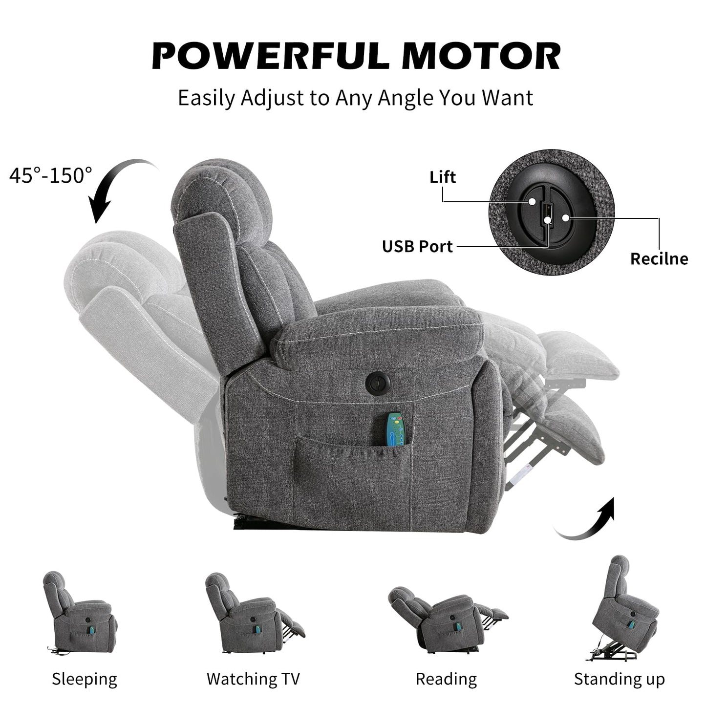IOMOR Large Power Lift Recliner Chair for Elderly with Massage and Heat, Electric Lift Recliner Single Sofa with with 2 Cup Holders, Side Pocket & USB Charge Port for Living Room (1, Dark Gray)