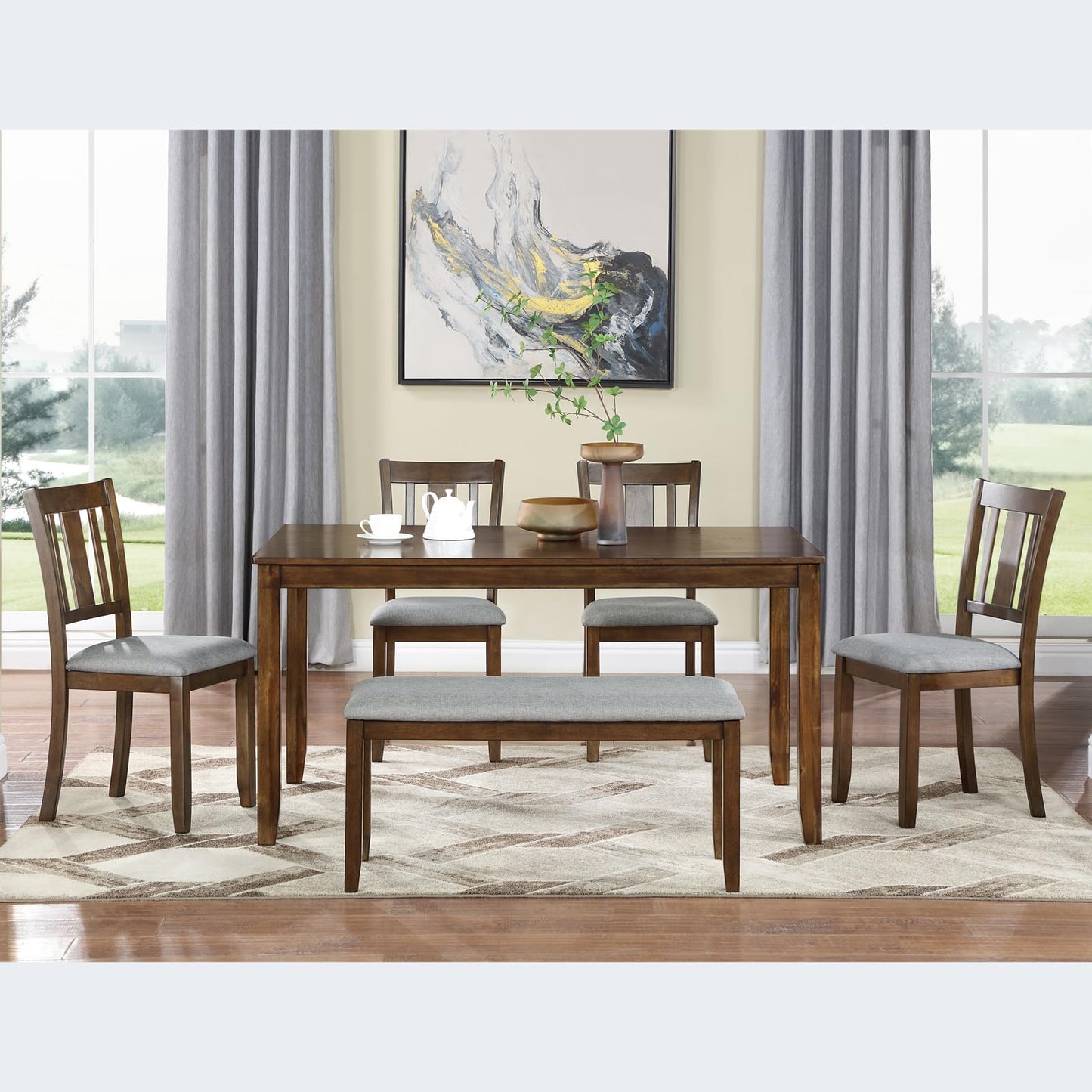 LKTART 6 Piece Kitchen Dining Set, 58.5" Rectangular Wooden Dinner Table with 4 Upholstered Chairs and a Bench for Living Room, Home Bar and Kitchen, Walnut