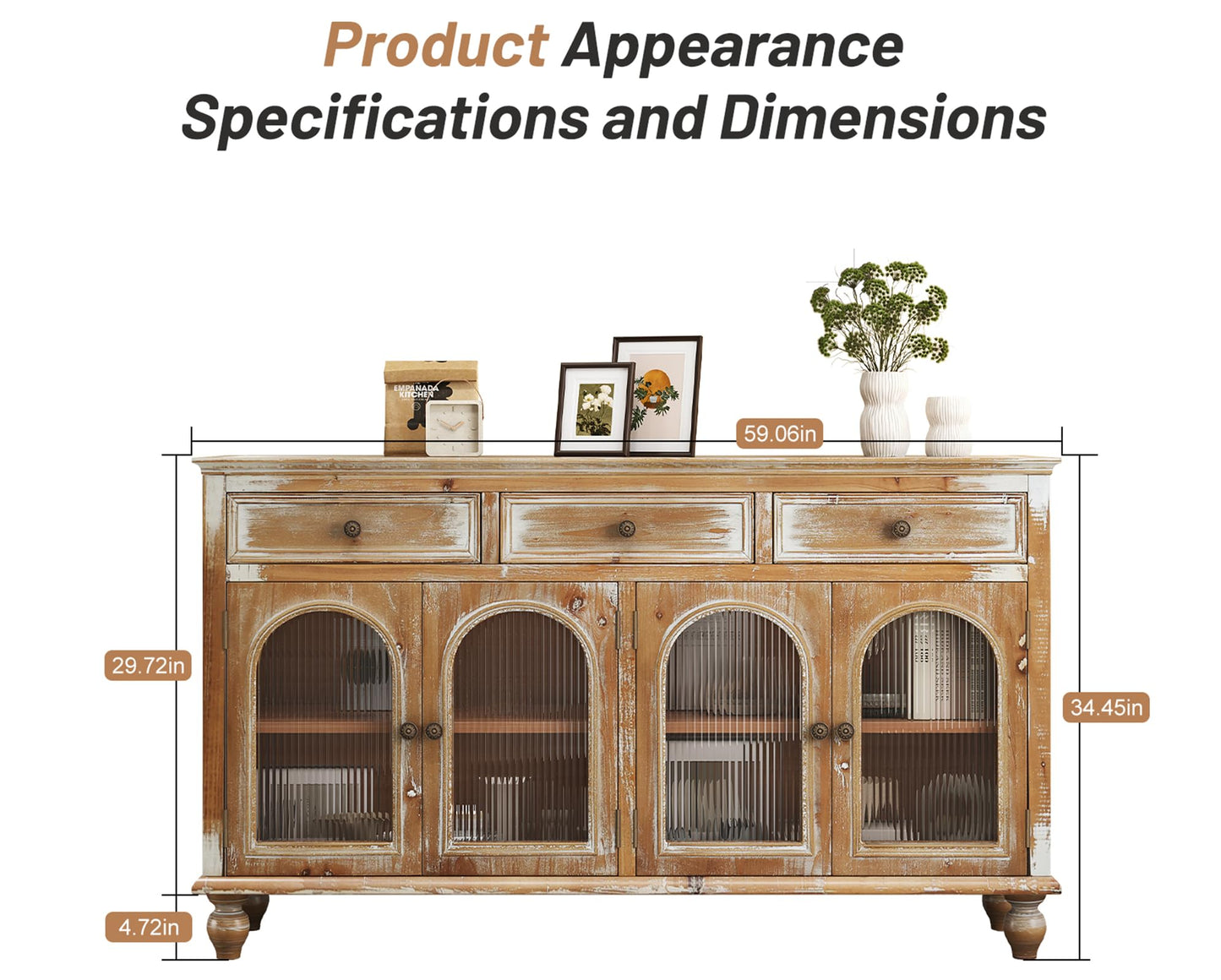 LKTART 60" Farmhouse Sideboard Buffet,Solid Fir Wood Frame with Hollowed-Out Carved Doors,Hand-Distressed Design,Versatile Storage Cabinet for Kitchen, Living Room,Natural Wood