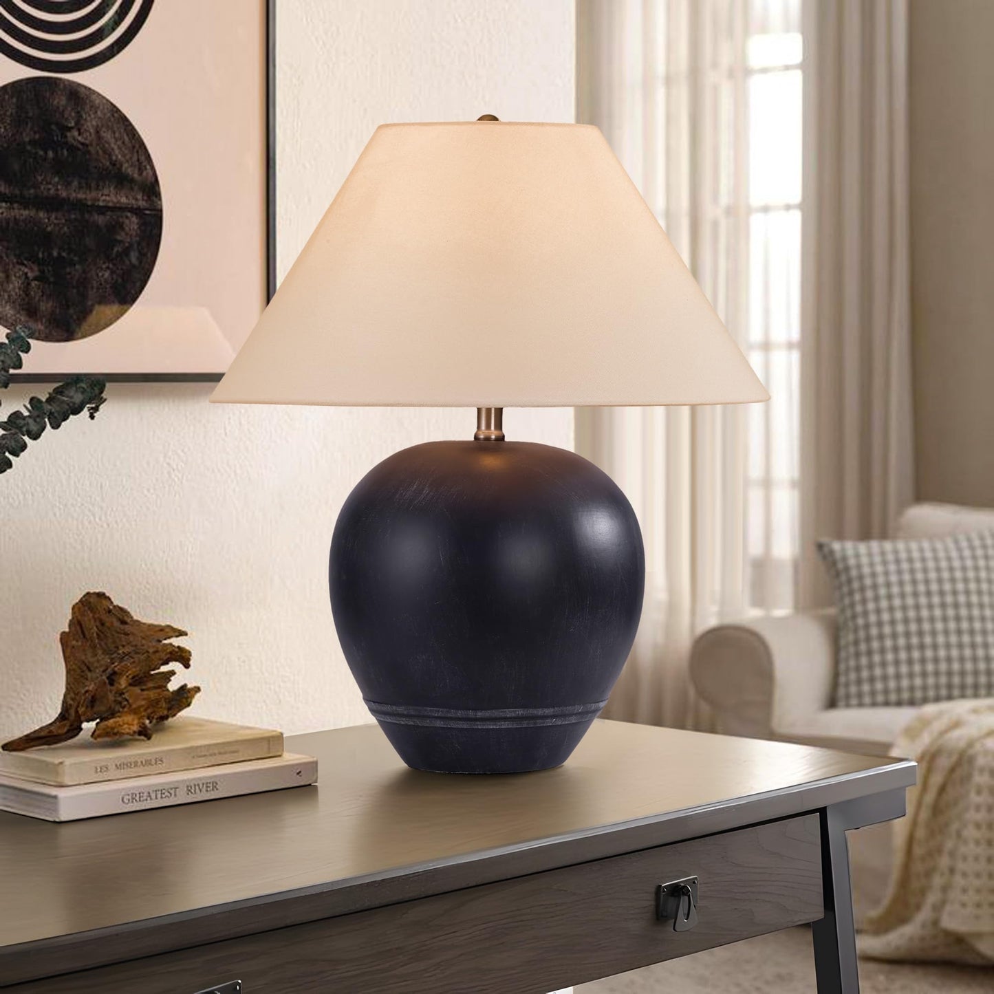 Farmhouse Ceramic Table Lamp, 21" Rustic Table Lamp with Linen Shade, 3-Way Dimmable Bedside Nightstand Lamps for Bedroom, Living Room, E26 Socket, Dark Grey