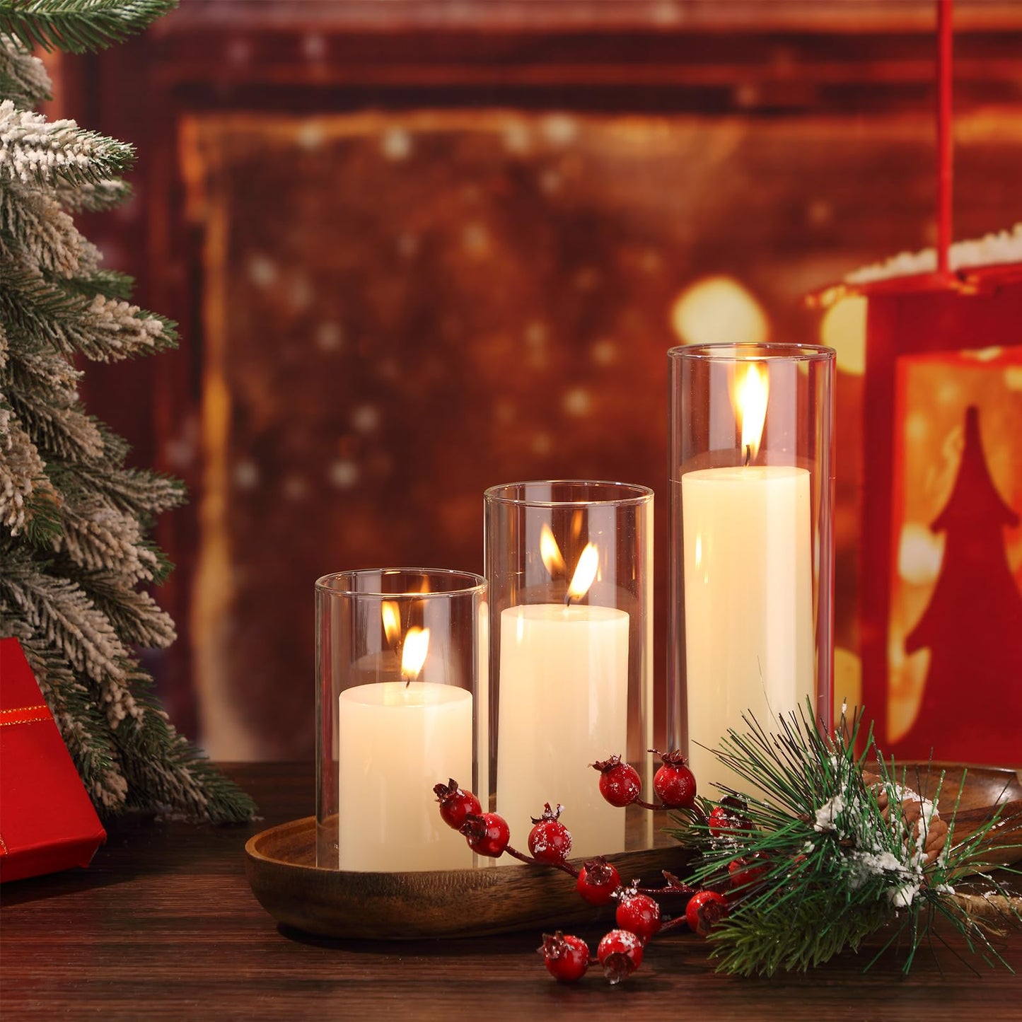 Shihanee Set of 3 Pillar Candles and 3 Glass Cylinder Candle Vases Holders Clear Pillar Jars for Wedding Centerpieces(3'' x 5.9'', 7.9'', 9.8'',Ivory White)