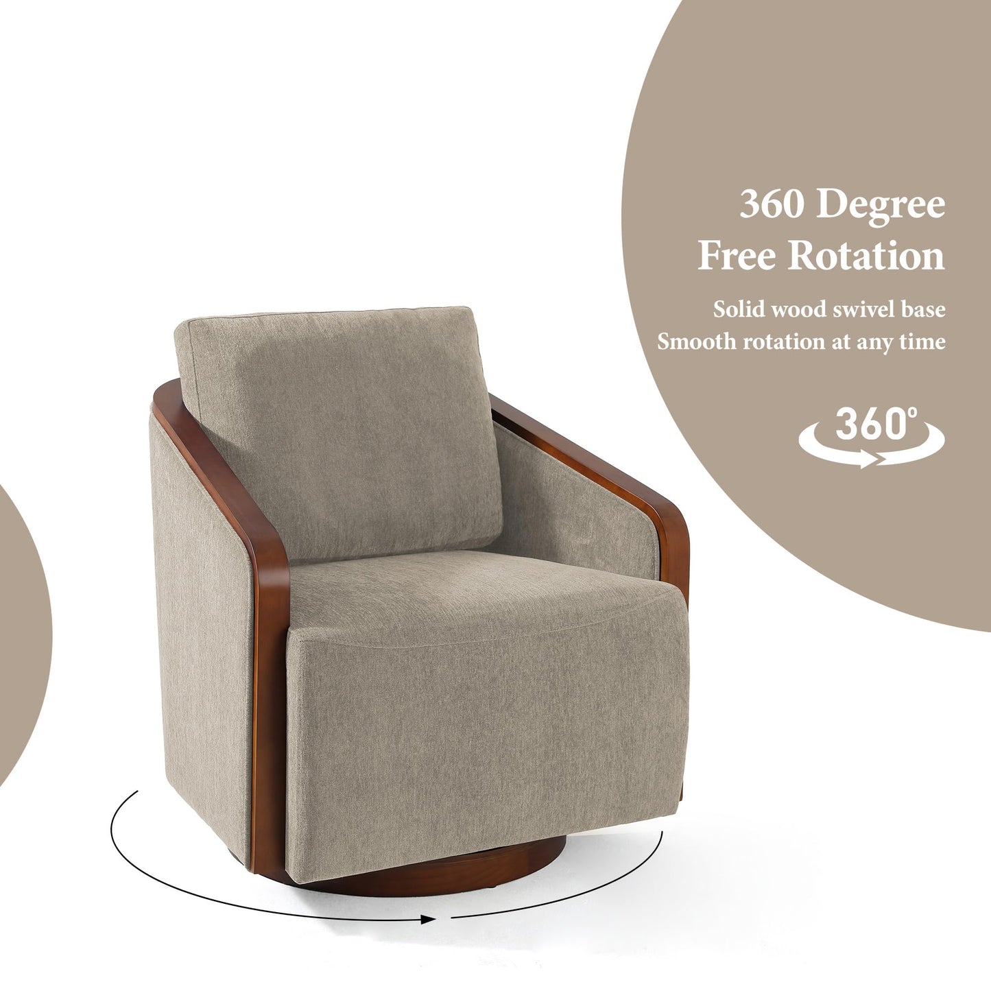 360° Swivel Barrel Chairs Set of 2, Upholstered Swivel Round Barrel Chair, Comfy Chenille Fabric Single Club Armchair Accent Chair for Living Room, Reading Room, Bedroom, Beige Brown