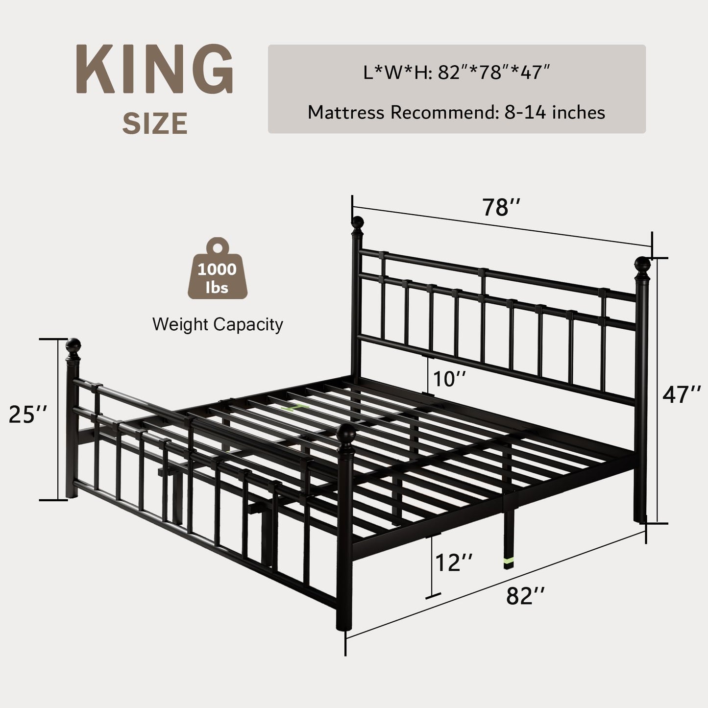 Einhomn King Size Metal Platform Bed Frame with Victorian Iron-Art Tall Headboard and Footboard, Mattress Foundation for Under Bed Storage/Heavy Duty Steel Slat Supported, No Box Spring Needed, Black