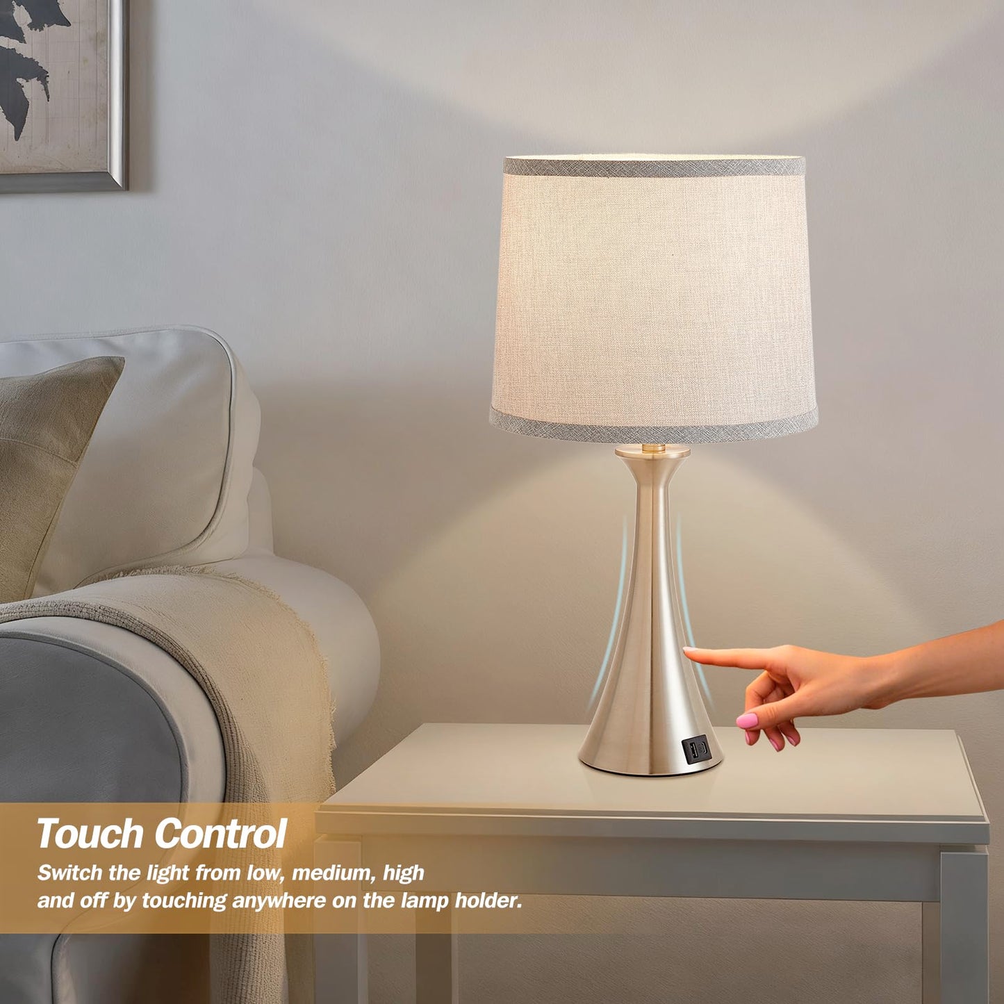 Touch Lamp for Living Room Bedroom, 21" Table Lamps Set of 2 with USB C+A Ports, Touch Bedside Lamps for Nightstand with 3 Way Dimmable, 2 LED Bulbs Included, Black