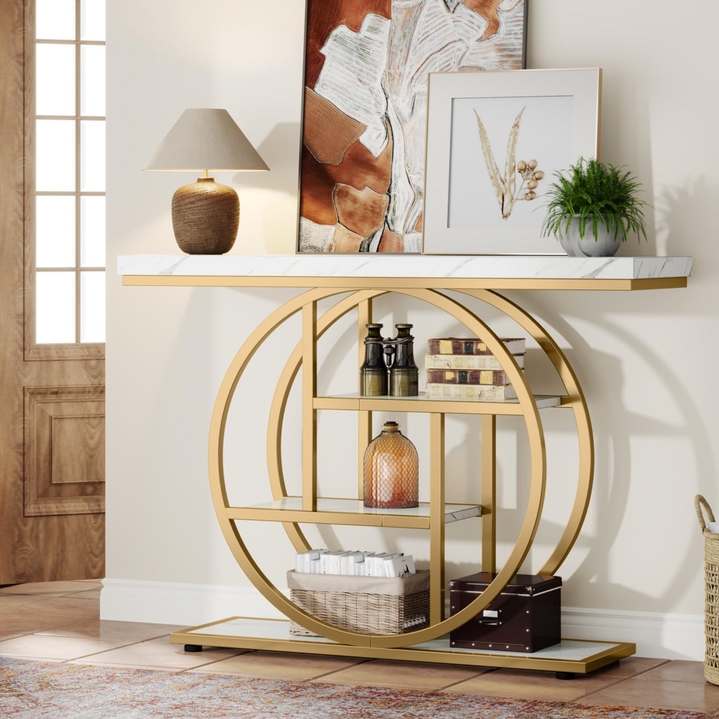 Tribesigns 41.3" Console Table, Industrial 4-Tier Sofa Table Entryway Table with Circle Base, Narrow Wood Accent Tables with Storage Shelves for Living Room, Hallway, Foyer, Rustic Brown