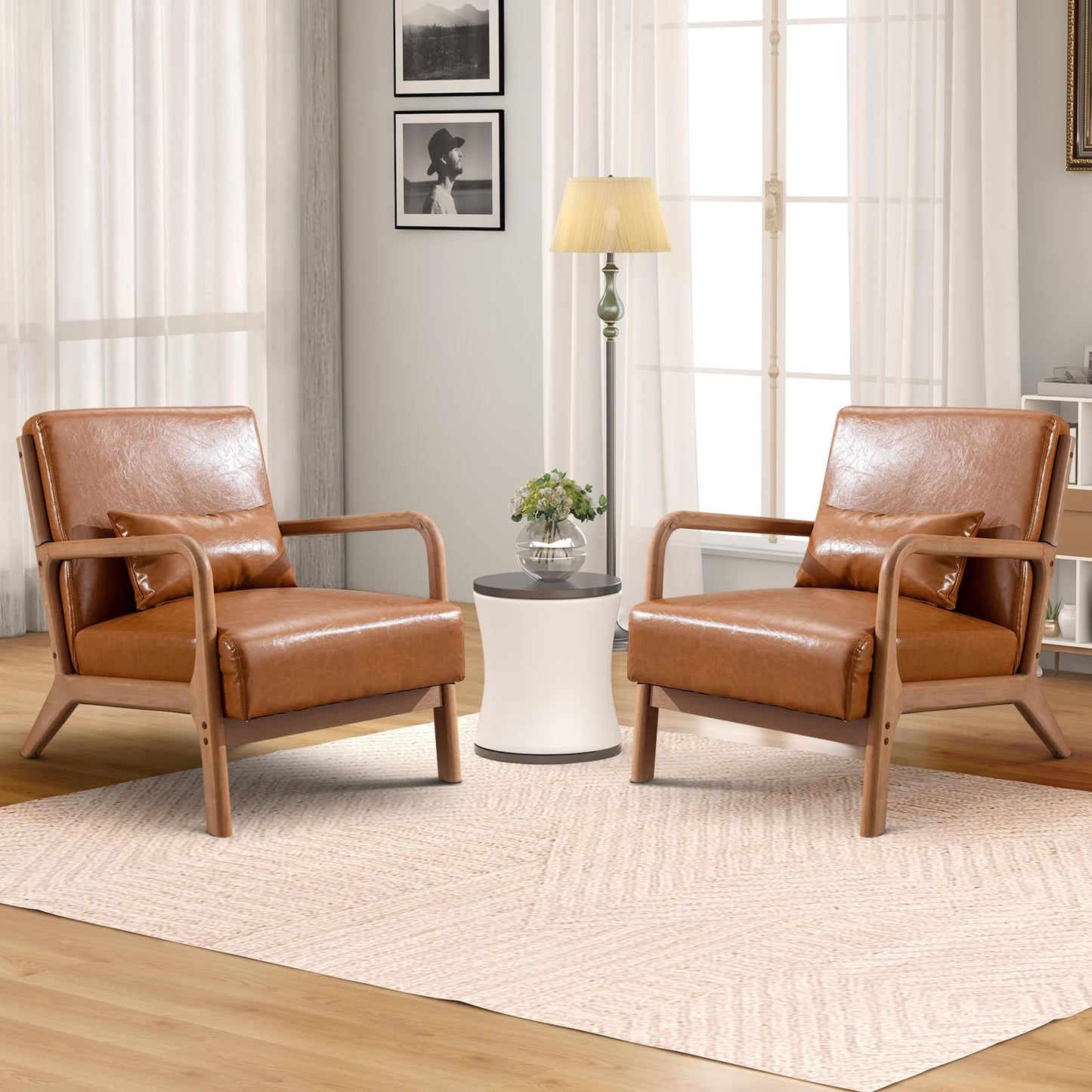 IOMOR Accent Chair Mid Century Modern Chair Linen Fabric Living Room Chairs with Solid Wood Frame Comfy Upholstered and Lumbar Pillow Reading Side Chair Easy Assembly for Bedroom Room (1, Linen Green)