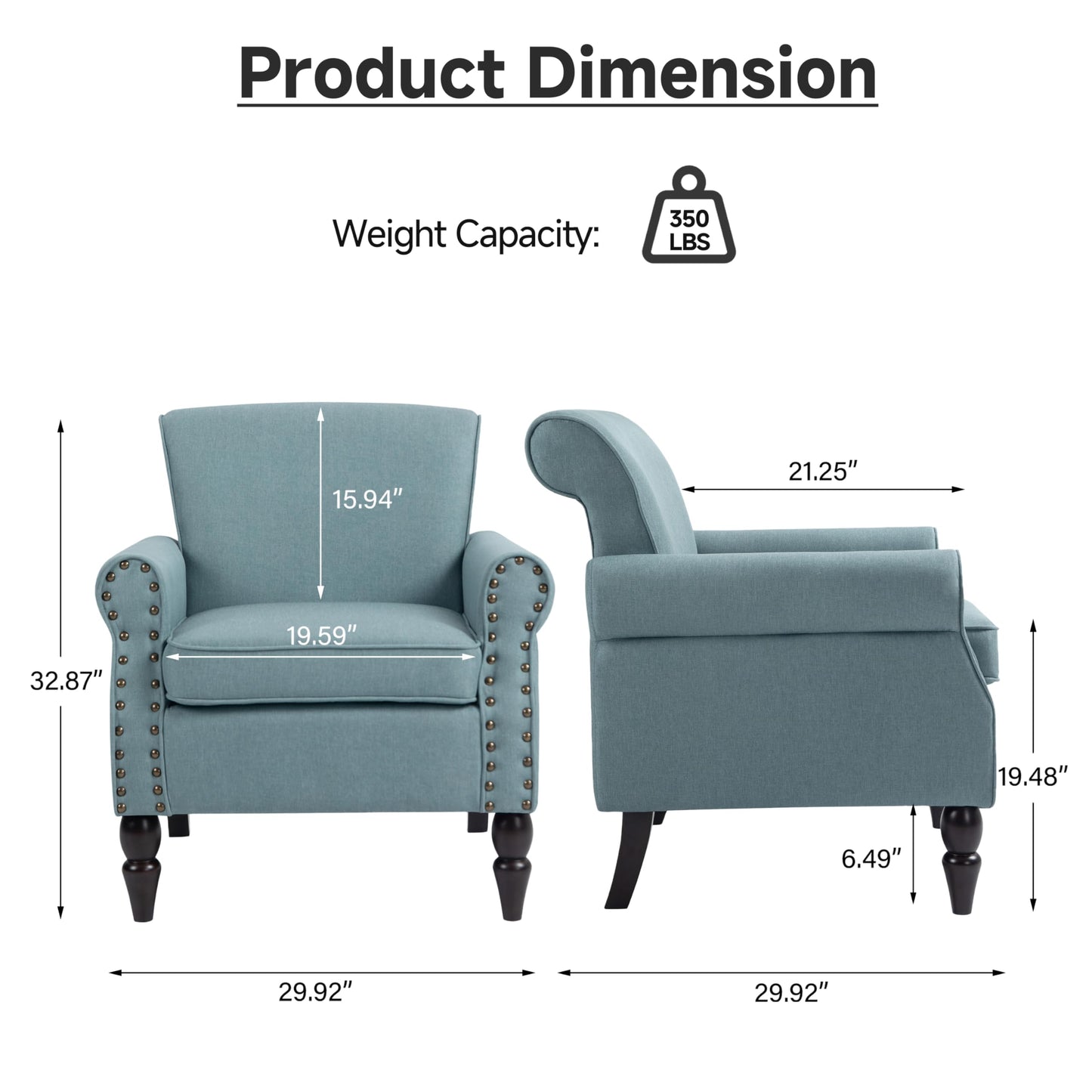 Wingback Accent Chairs Set of 2, Mid-Century Modern Upholstered Armchair Living Room Chair with Nailhead Trim & Rolled Armrest, Comfy Lounge Chair Single Sofa Chair for Bedroom, Light Blue
