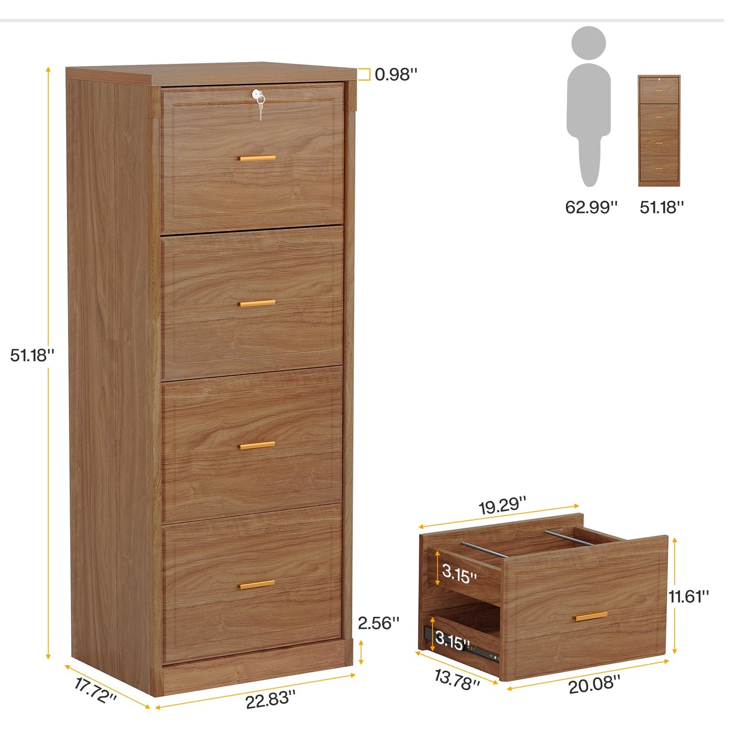 Tribesigns 4-Drawer File Cabinet with Lock, Locked File Cabinet with Key, Tall Wooden Filing Cabinets for Home Office, Vertical Office Storage for Legal Size/Letter/A4/Files, Brown