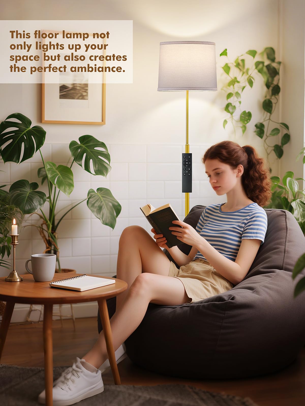 60" Modern Floor Lamp for Living Room Bedroom, Standing Lamp with Oatmeal Linen Lampshade, Tall Lamp with A19 9W 3 Color Temperature Bulb, Foot Switch Control, Black
