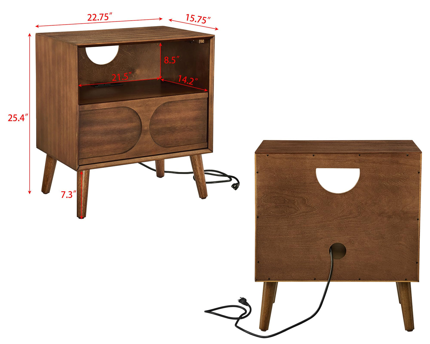 LKTART Night Stand with Charger Station, Wood Bed Side Table with Drawers,Mid Century Modern Nightstand with Solid Wood Feet,End Tables for Bedroom Walnut