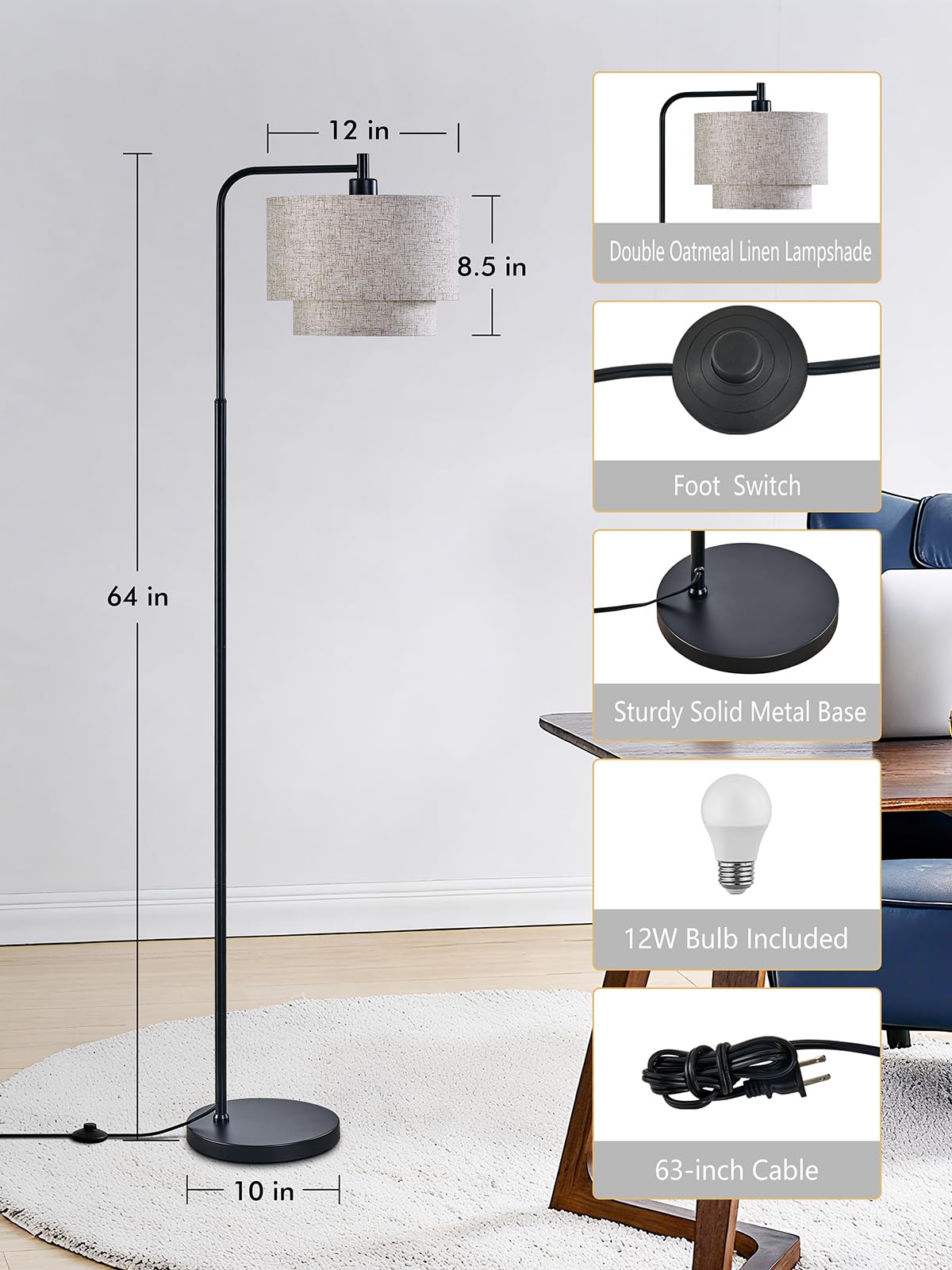 64" Modern Floor Lamp for Living Room Bedroom, Floor Lamp with 3 Color Temperatures, Standing Lamp with Double Oatmeal Linen Lampshade, Tall Lamp with A19 12W LED Bulb, Foot Switch Control, Black