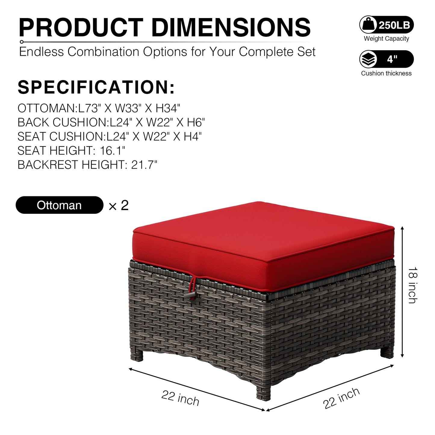 Joyside Outdoor Ottoman Set of 2, Patio Large Ottoman Foot Rest with Thickened Cushions, Outdoor Wicker Foot Stool for Porch, Deck Use