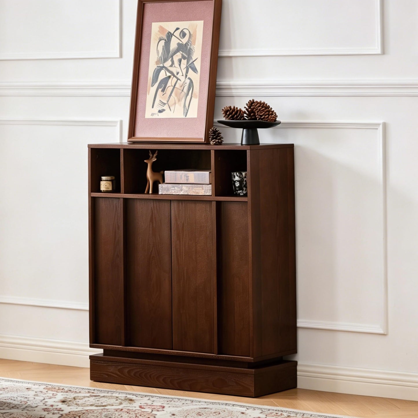 LKTART 63" Rattan Sideboard Buffet Cabinet,Kitchen Storage Cabinet,Wood Coffee Bars with 4 Doors & Open Storage Shelves,Mid Century Modern Credenza Console Table for Living Room,Walnut