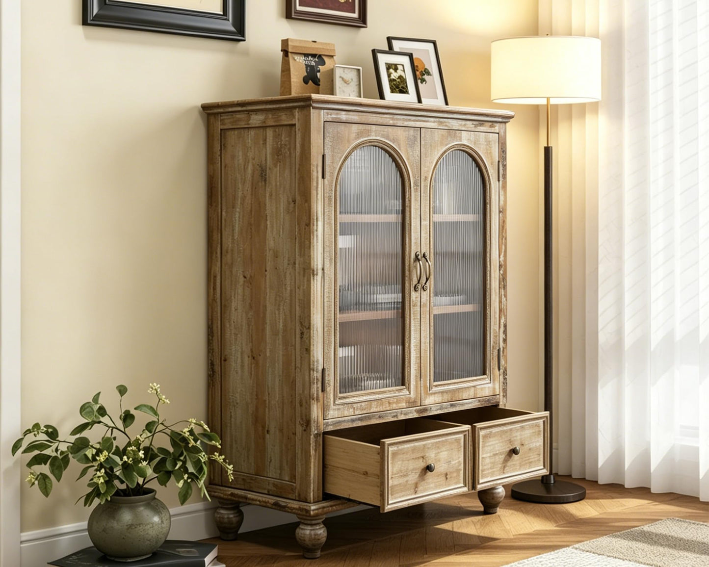 LKTART 60" Farmhouse Sideboard Buffet,Solid Fir Wood Frame with Hollowed-Out Carved Doors,Hand-Distressed Design,Versatile Storage Cabinet for Kitchen, Living Room,Natural Wood