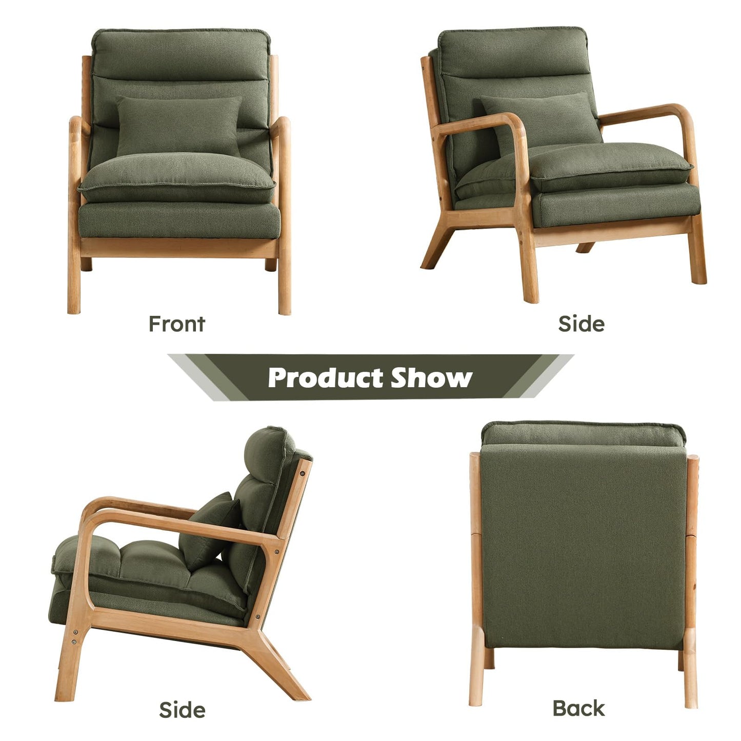 IOMOR Mid Century Modern Accent Chair, Upholstered Lounge Armchair with Plump Back Pillow, Comfy Reading Chair with Solid Wood Frame for Bedroom Living Room, Brown