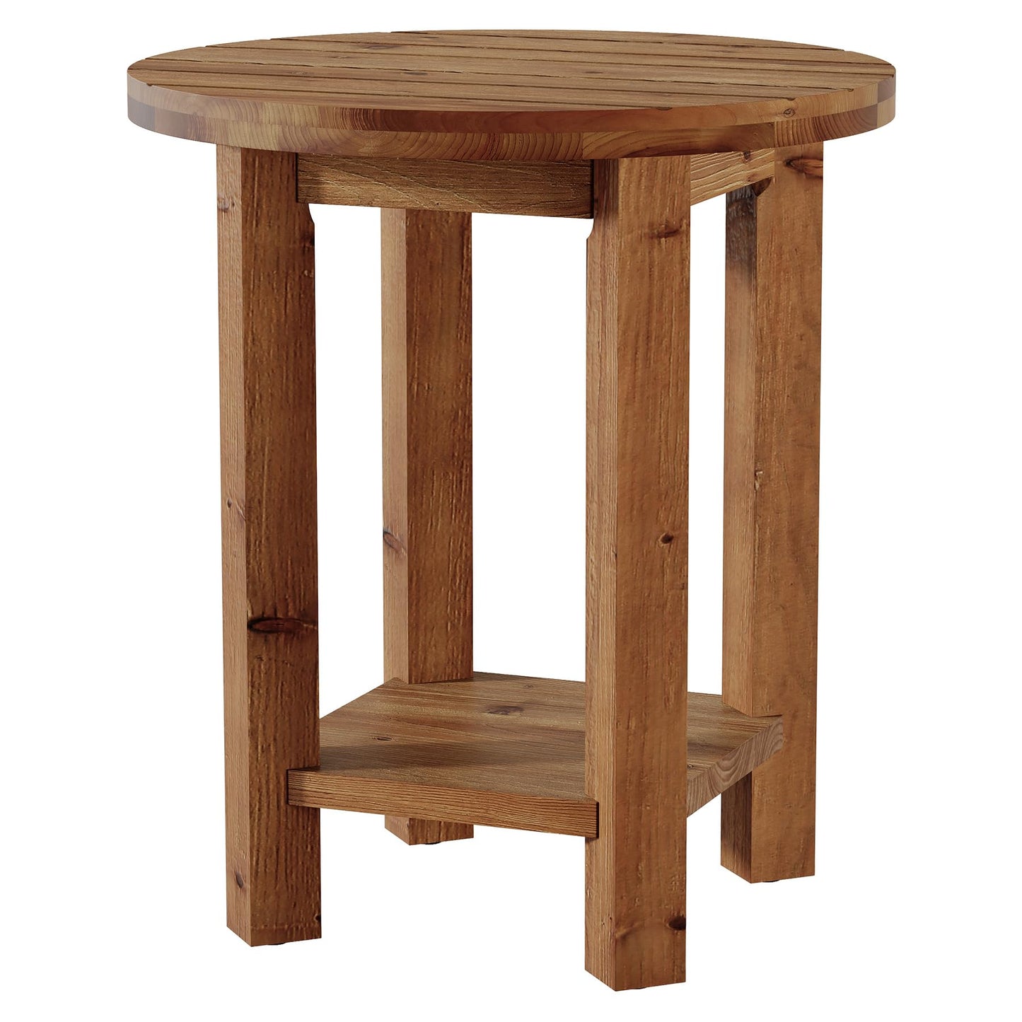Round Side Table, 2-Tier Solid Wood End Table with Storage Shelf, Small Farmhouse Accent Table with Grooved Textured Tabletop for Living Room, Bedroom, Brown (1)