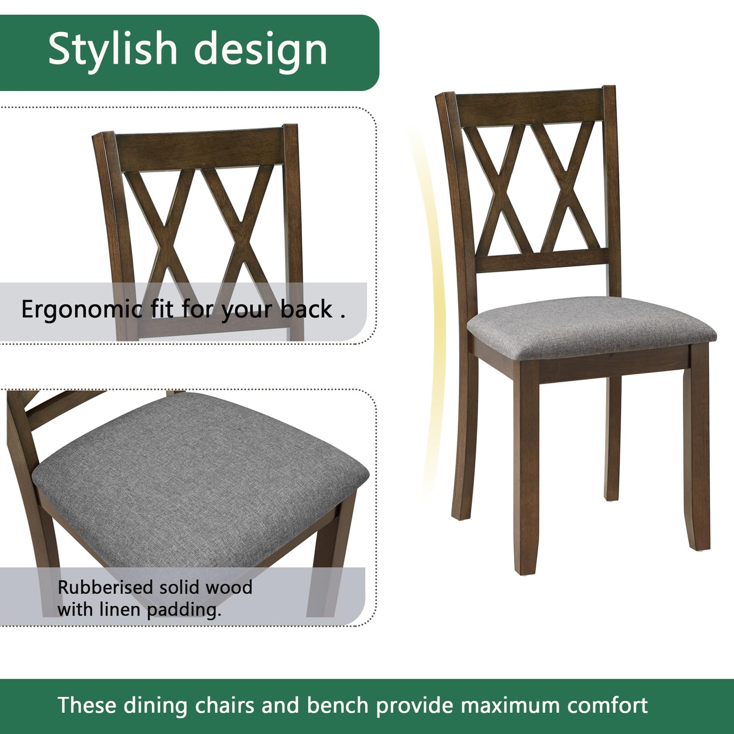 LKTART 5-Piece Kitchen & Dining Room Table and Chairs Sets,Small Square Kitchen Table with 4 Upholstered XX-Shaped Backrest Chairs,Walnut